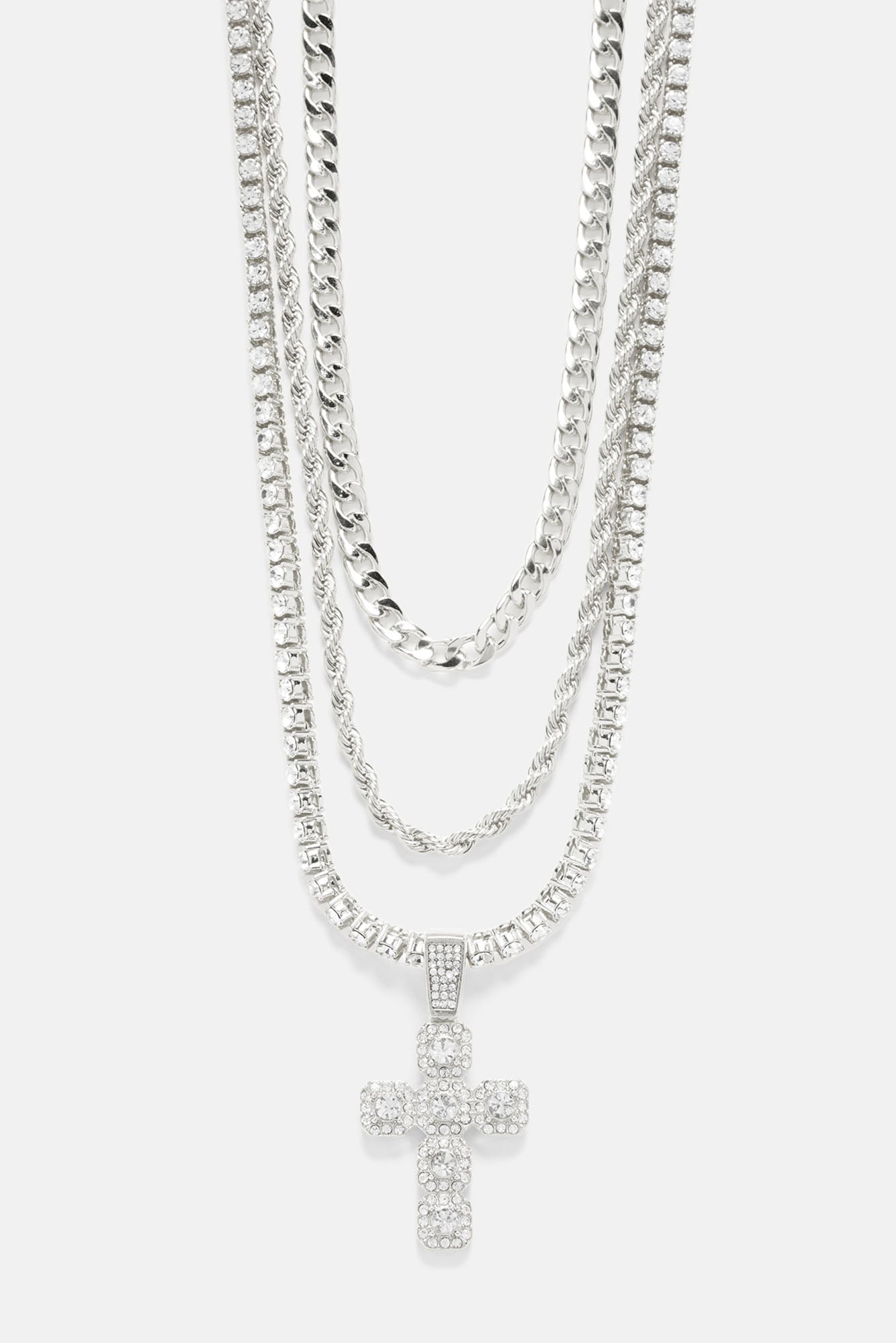 Cluster Cross 3 Piece Chain Necklace Set - Silver Fashion Nova