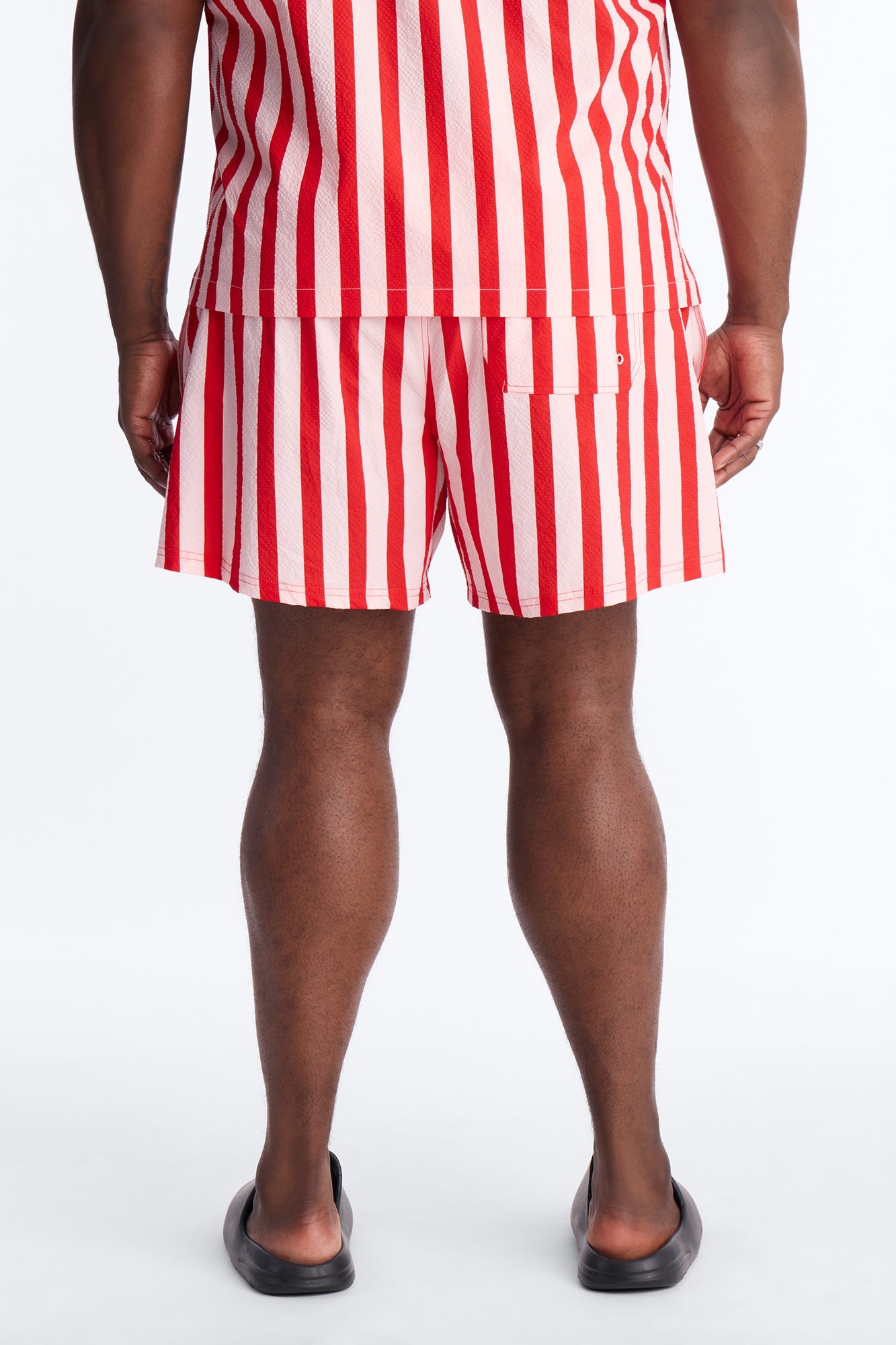 Striped Party Seersucker Swim Trunk 6″ - Red Fashion Nova
