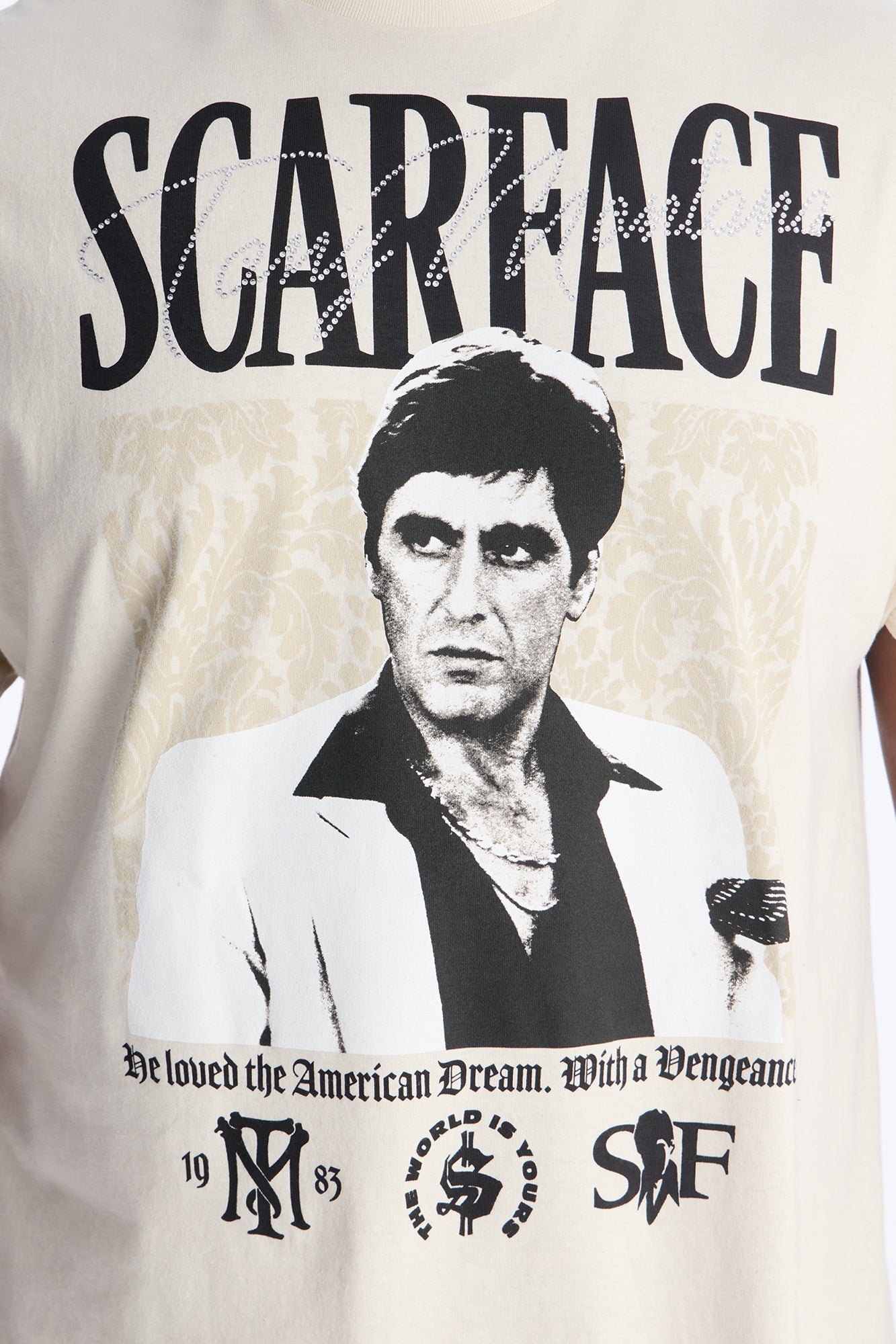 Scarface The American Dream Rhinestone Short Sleeve Tee - Cream Fashion Nova