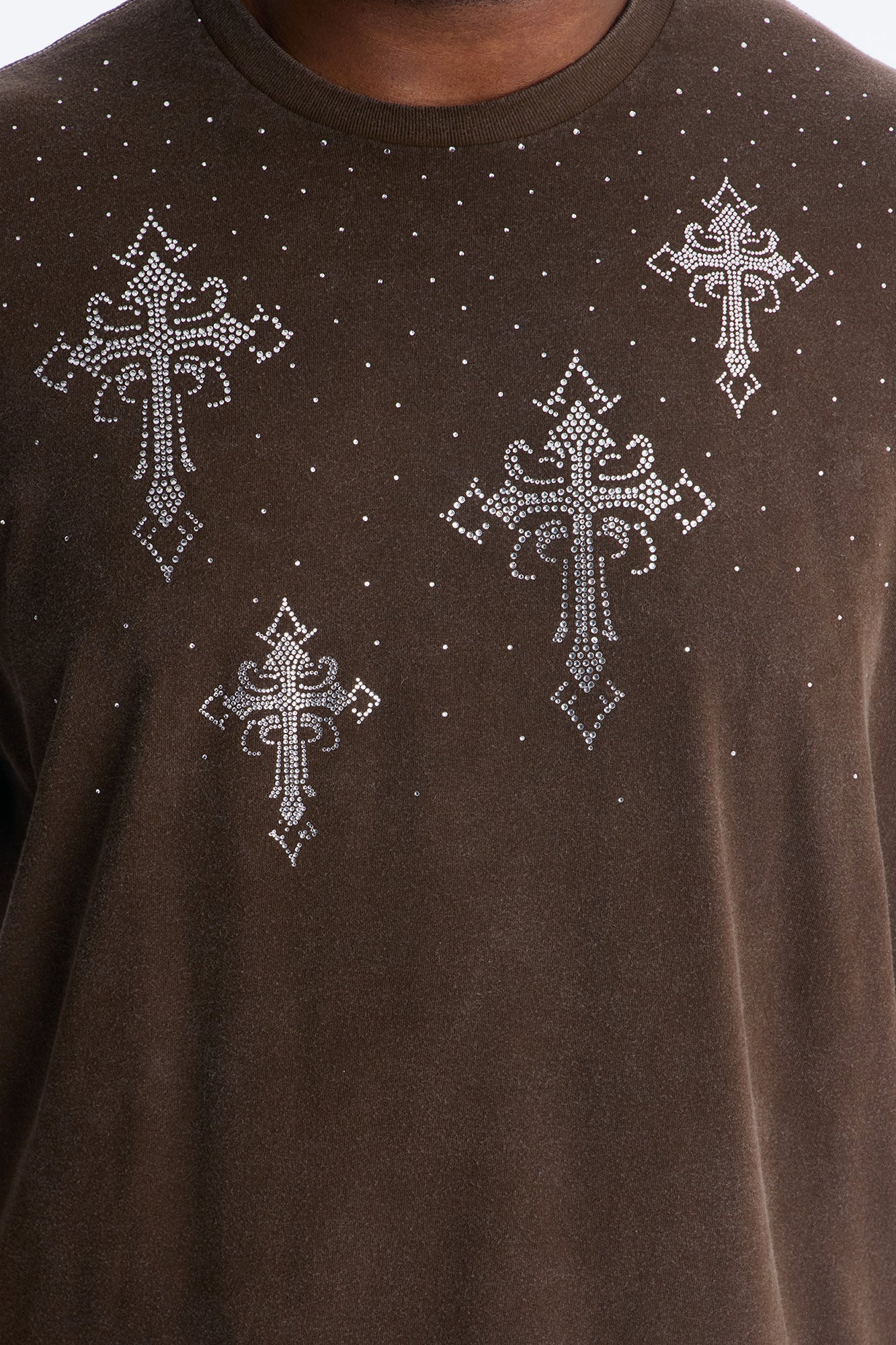 Bare The Cross Rhinestones Oversized Short Sleeve Tee - Chocolate Fashion Nova