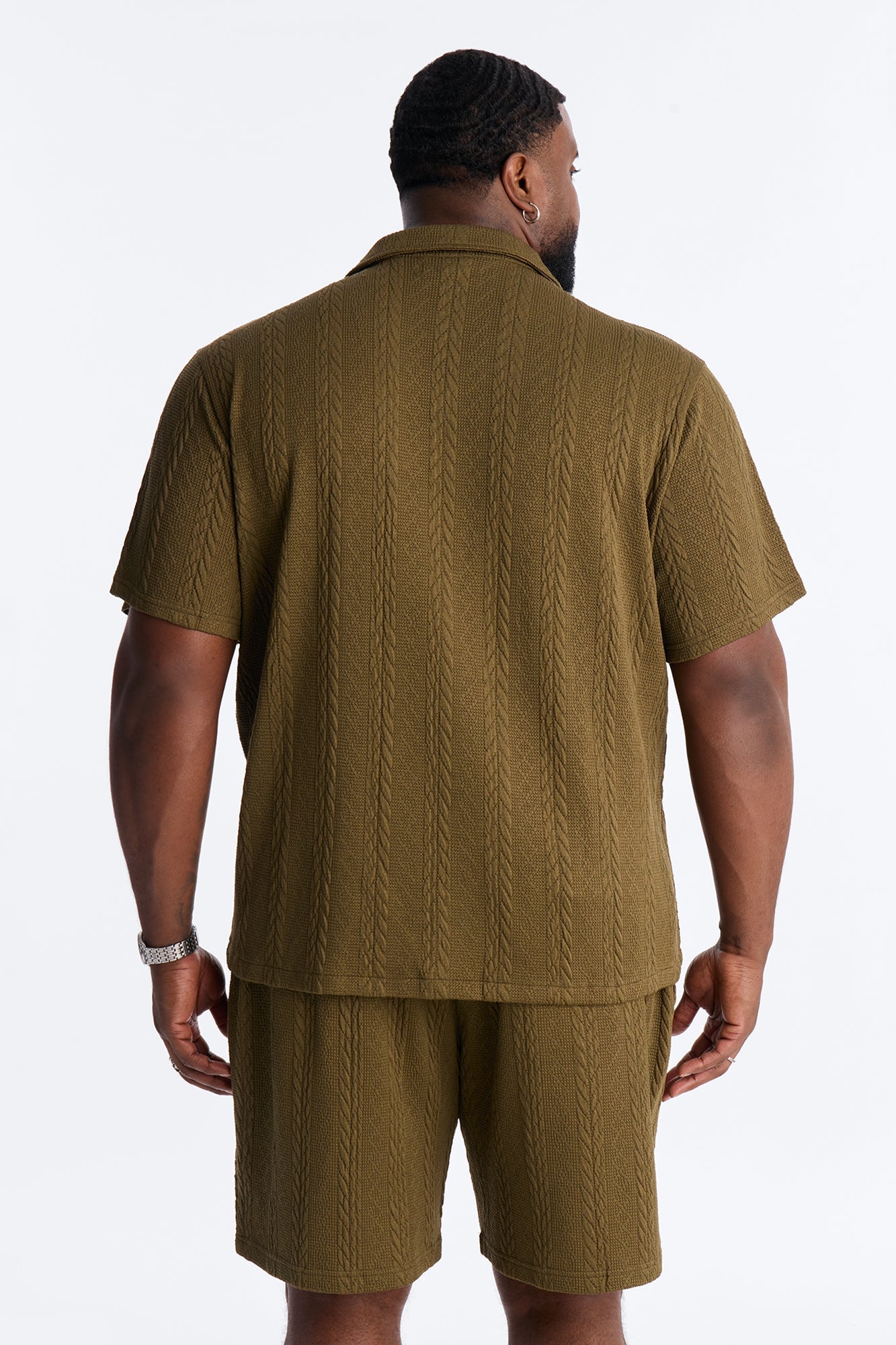 Textured Stripes Cuban Short Sleeve Button Up Shirt - Olive Fashion Nova