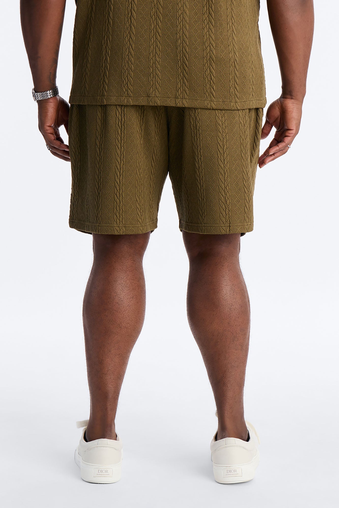Textured Stripes Relaxed Drawstring Shorts - Olive Fashion Nova