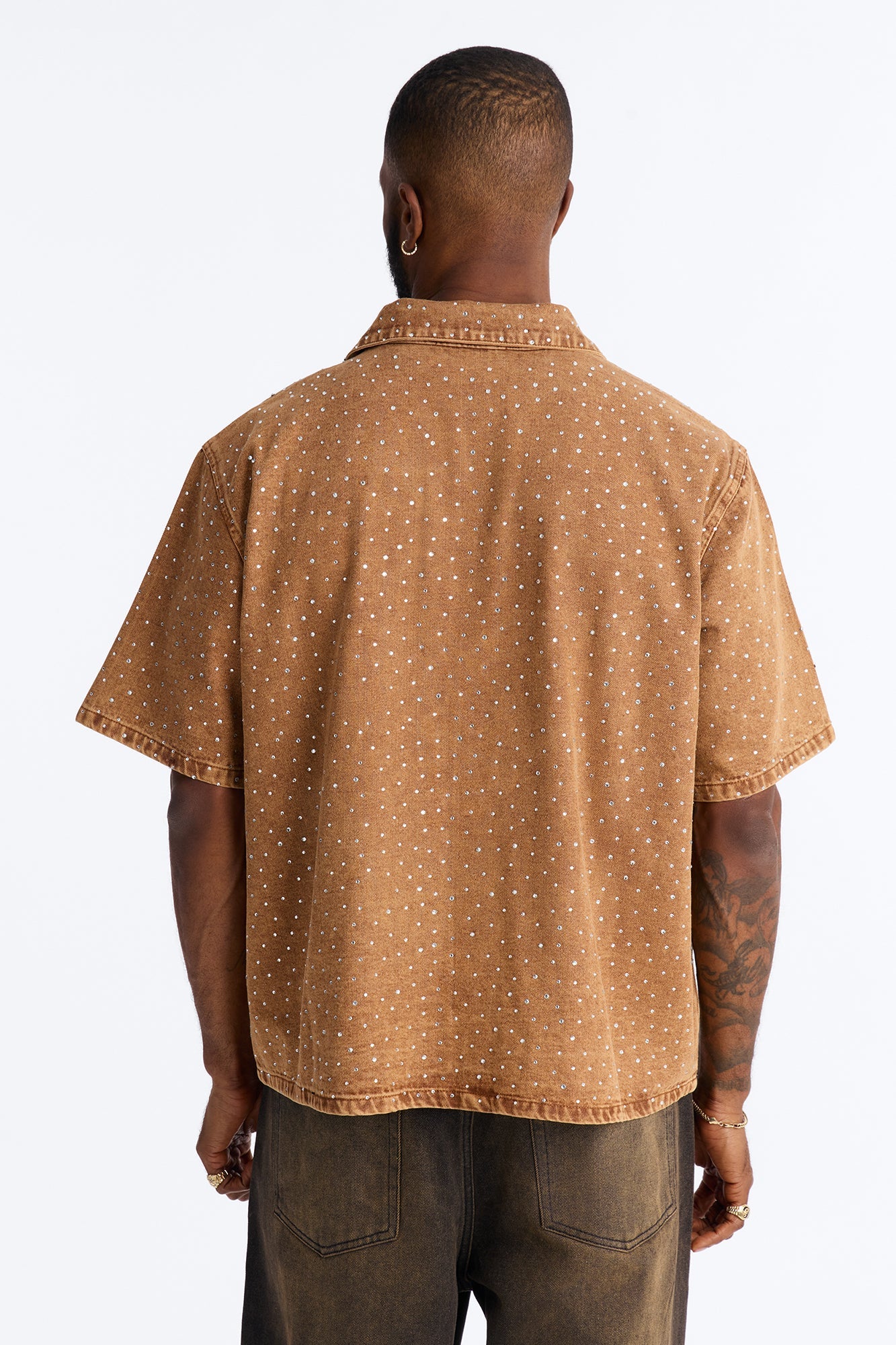 Cropped Embellished Denim Button Up Shirt - Brown Fashion Nova