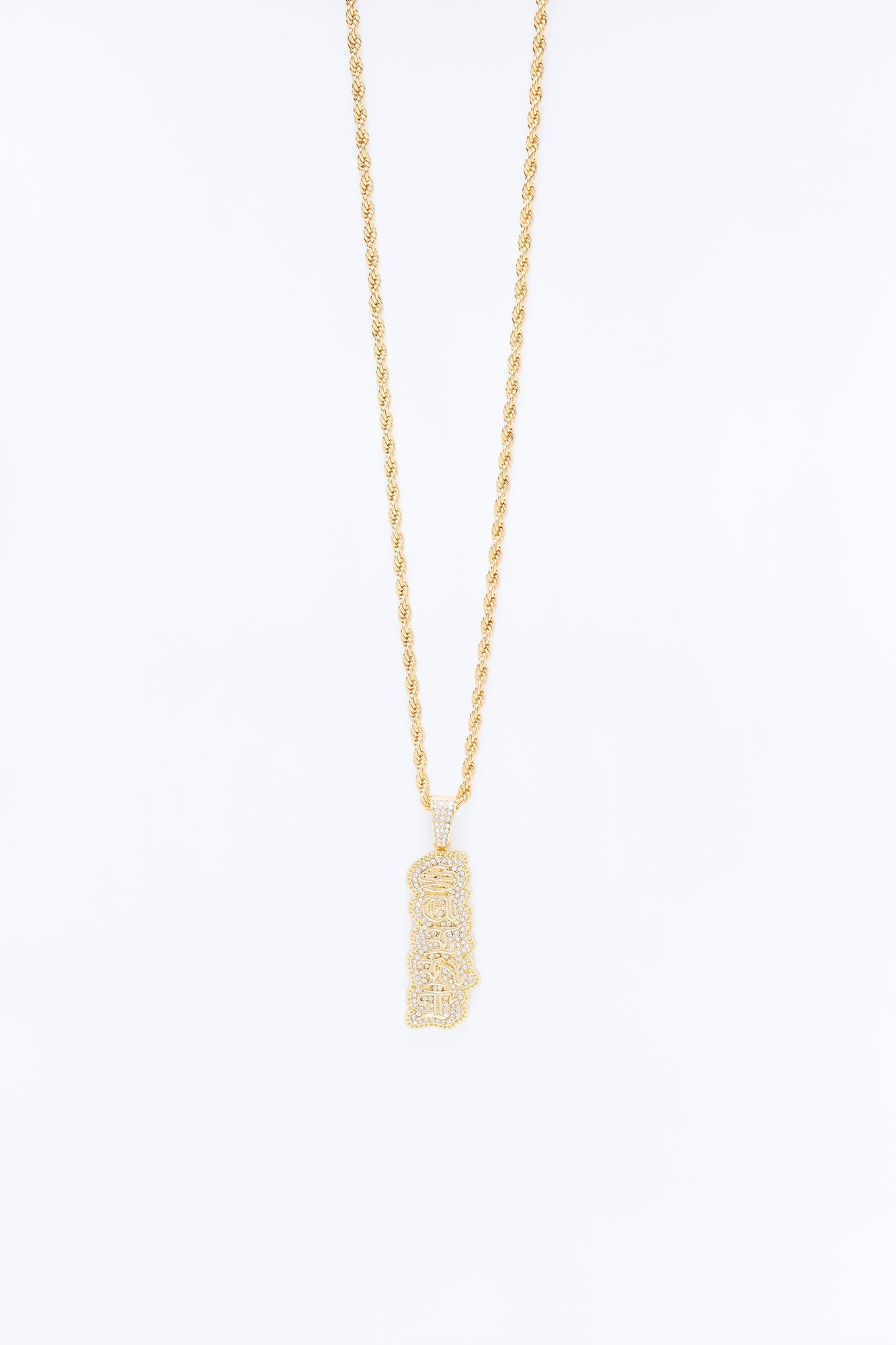 Saint Script Vertical Iced Pendant Necklace - Gold Fashion Nova