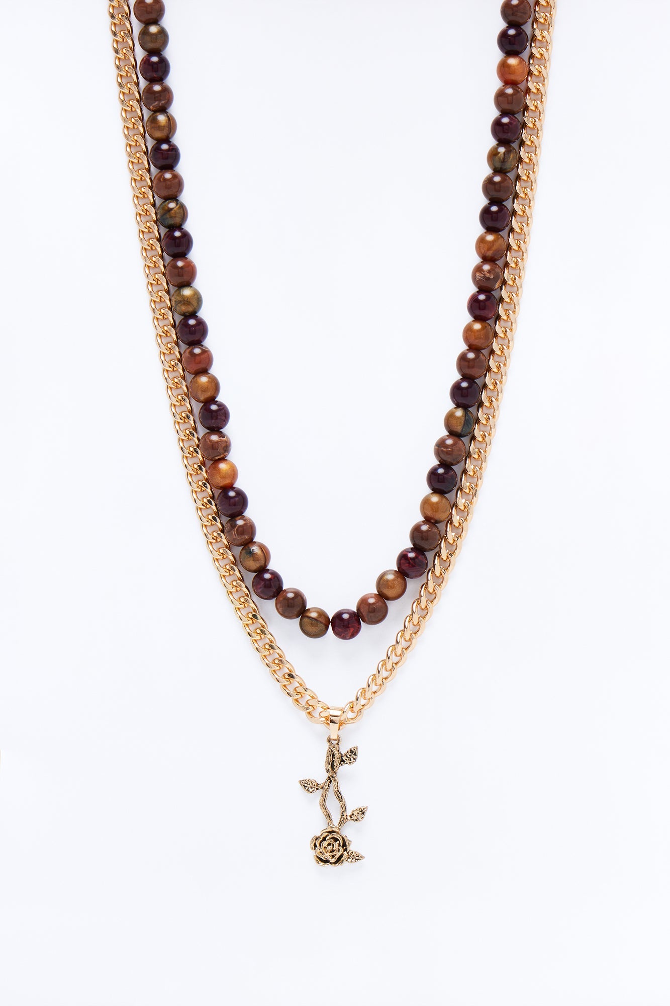 Layered Cuban Rose And Beaded Necklace Set - Gold/combo Fashion Nova