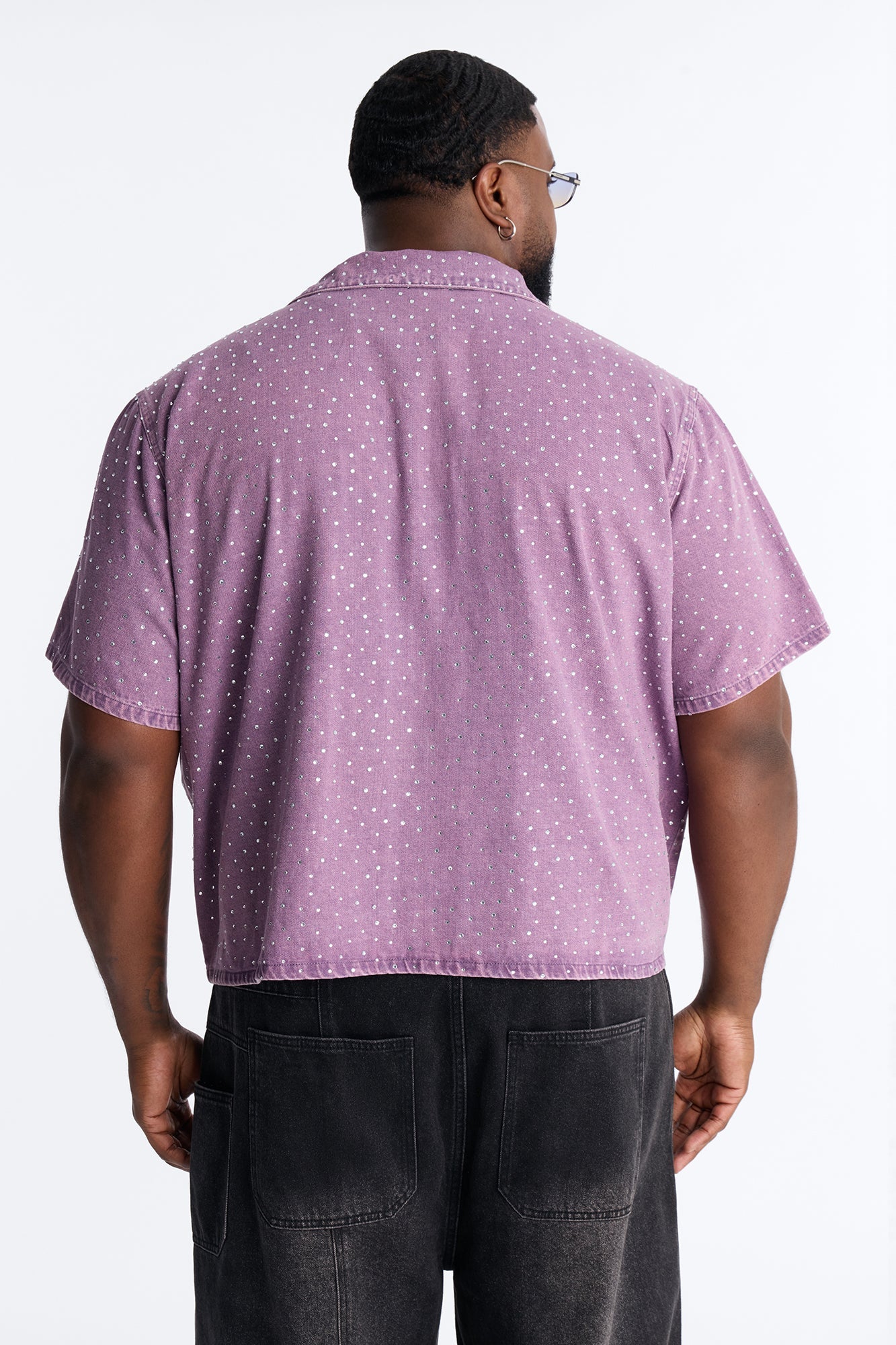 Cropped Embellished Denim Button Up Shirt - Purple Fashion Nova