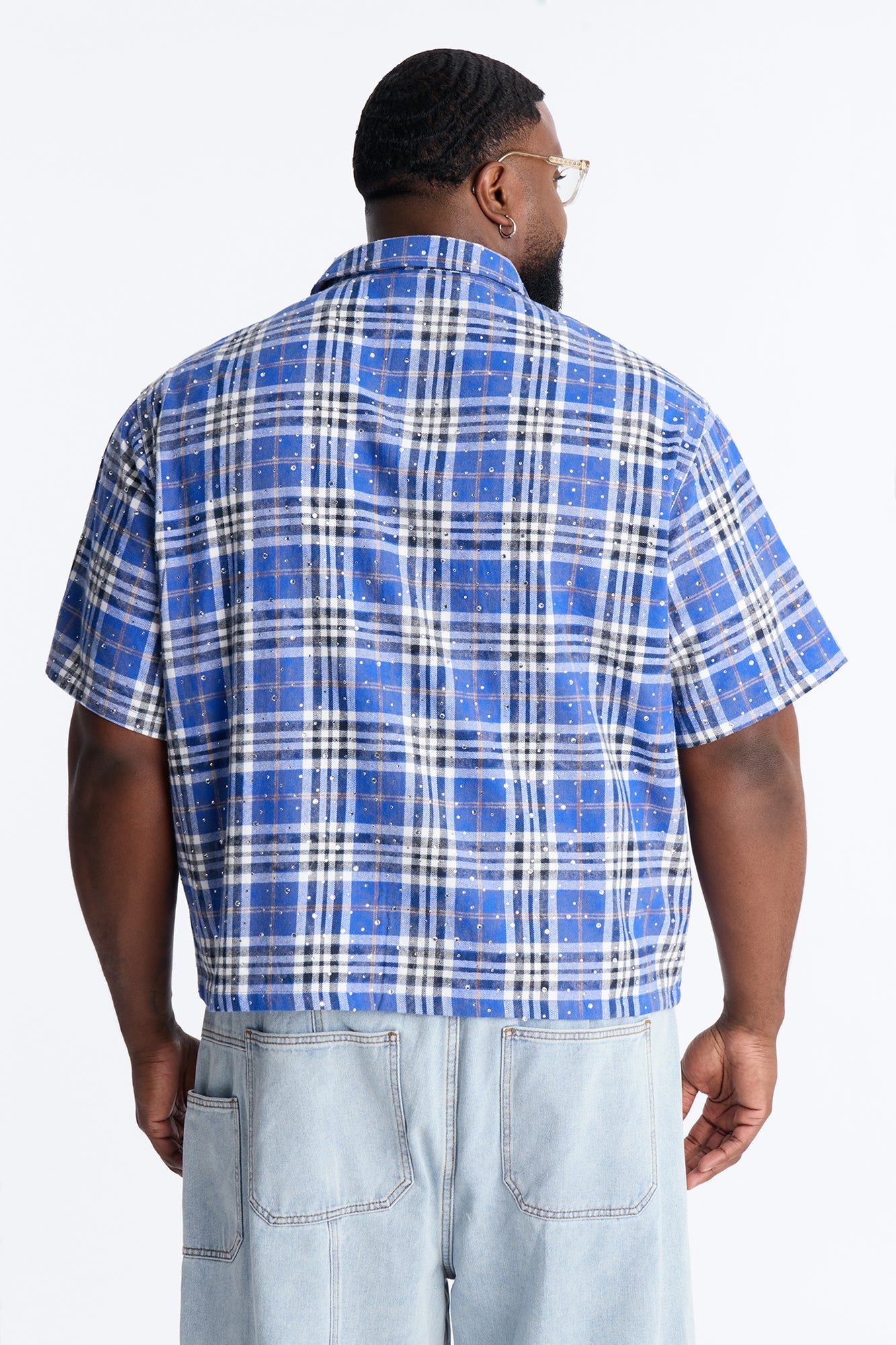 Rhinestone Rain Short Sleeve Plaid Flannel - Royal Fashion Nova