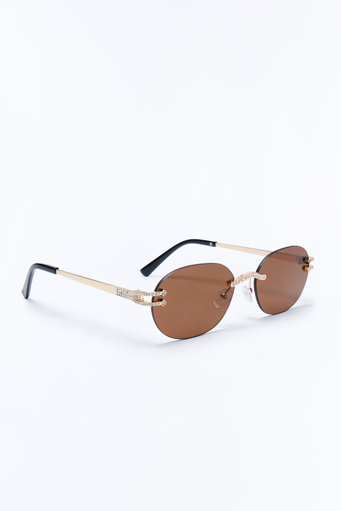Embellished Round Frameless Metal Sunglasses - Gold/Brown Fashion Nova