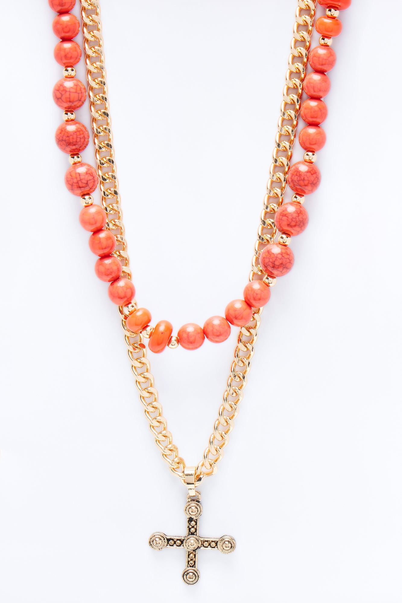 Layered Cuban Cross And Beaded Necklace Set - Gold/combo Fashion Nova