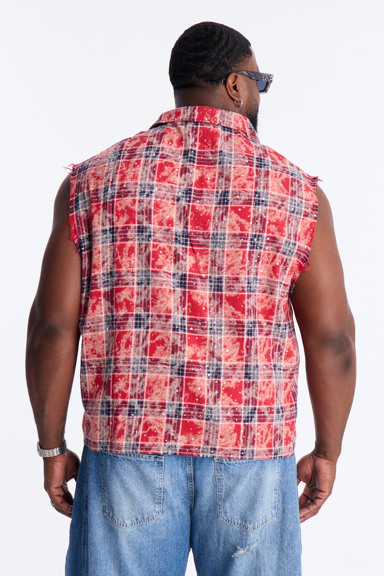 Rhinestone Rain Sleeveless Plaid Flannel - Red Fashion Nova