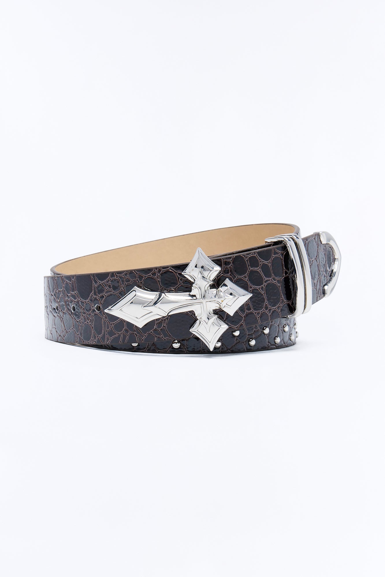 Cross Buckle Embossed Faux Leather Belt - Brown Fashion Nova