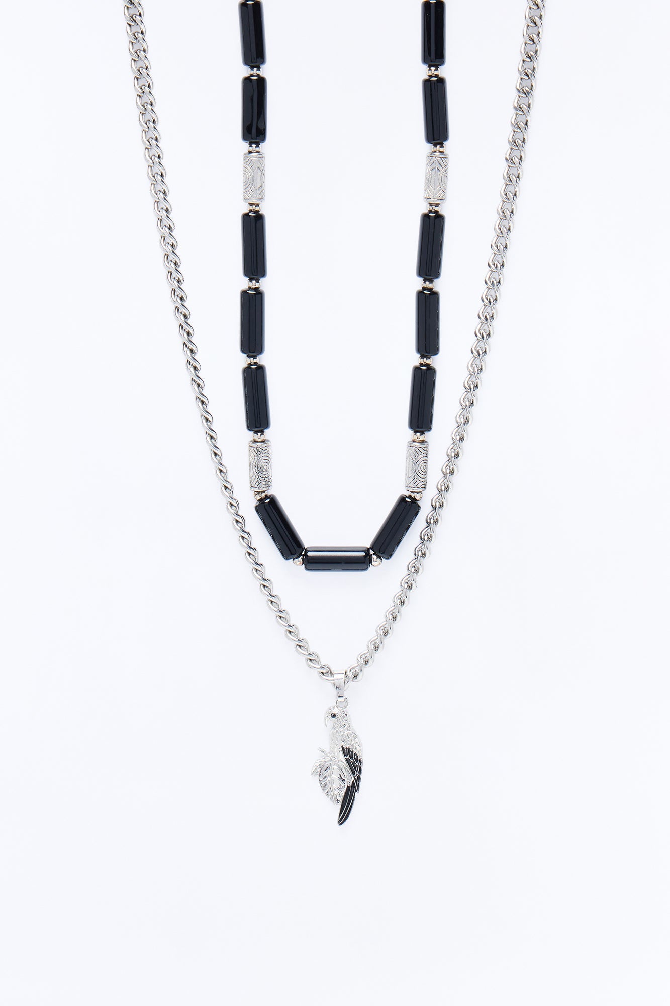 Layered Cuban Parrot And Beaded Necklace Set - Silver/Black Fashion Nova