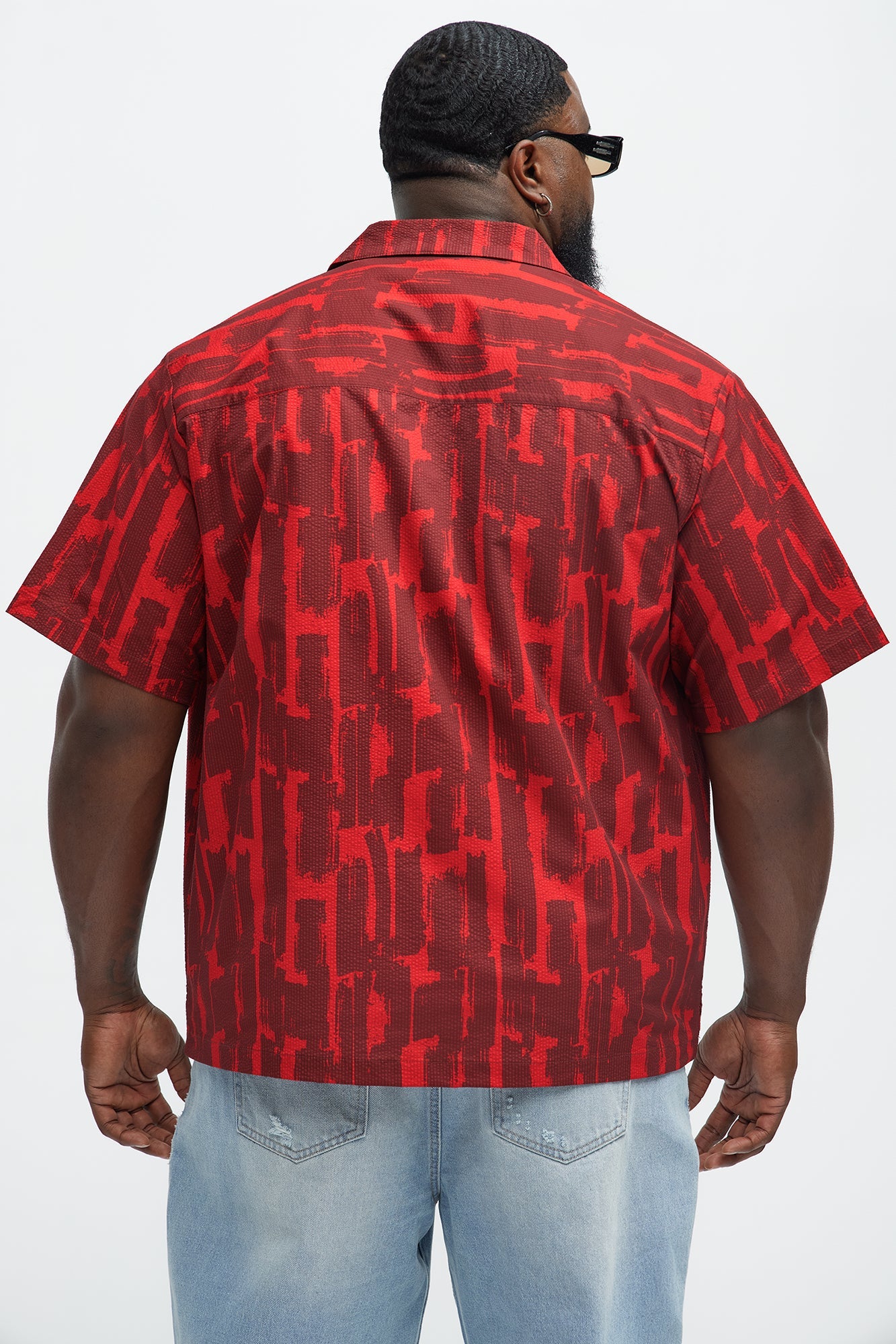 Seersucker Printed Short Sleeve Cuban Collar Shirt - Red/combo Fashion Nova