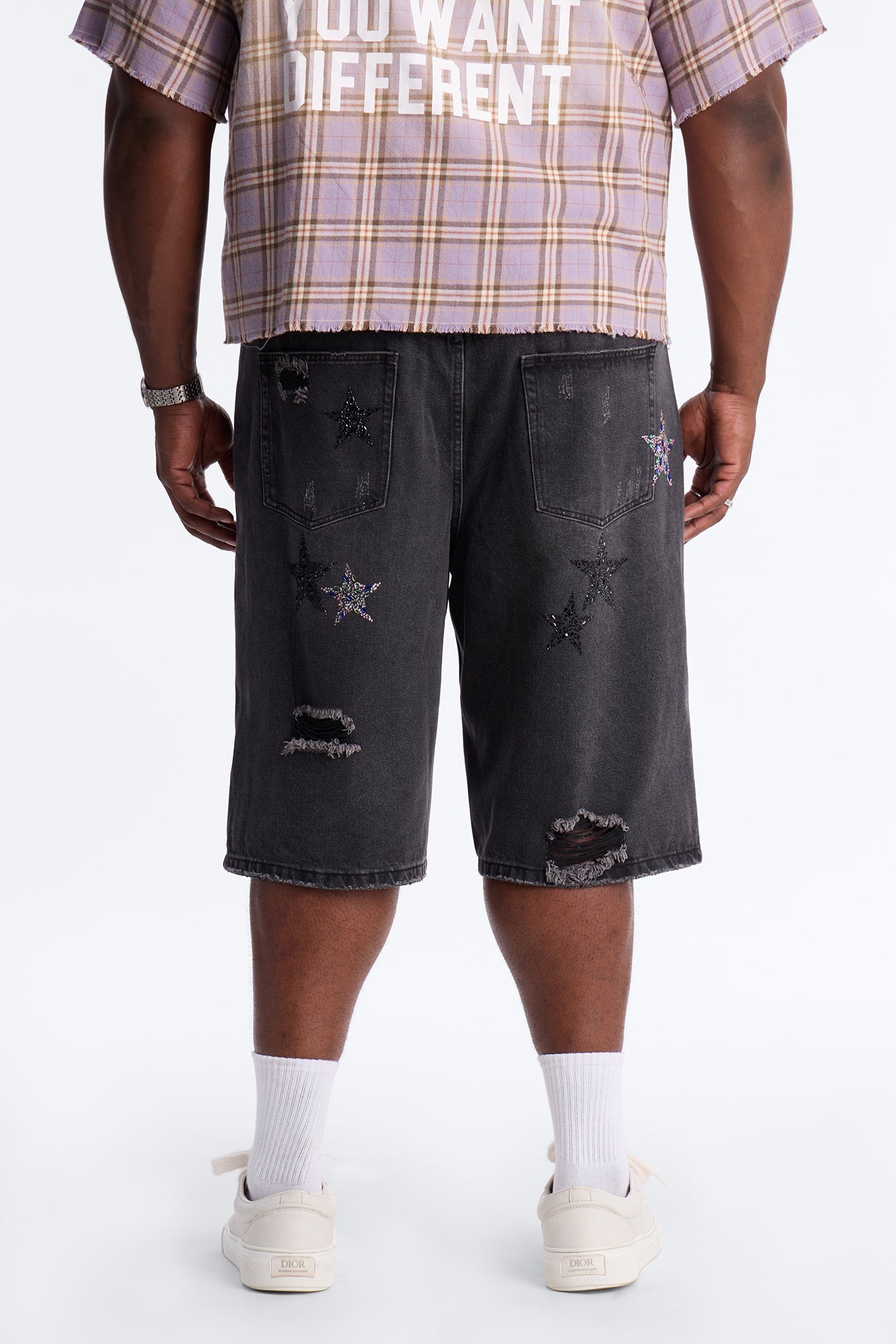 Cosmic Jeweled Baggy Denim Short - Black Wash Fashion Nova
