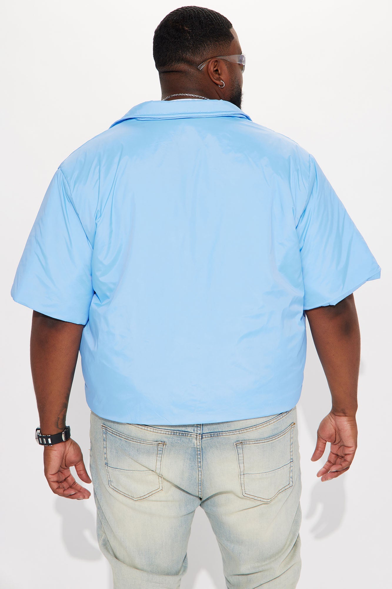 Aston Nylon Puffer Cropped Short Sleeve Shirt - Light Blue Fashion Nova