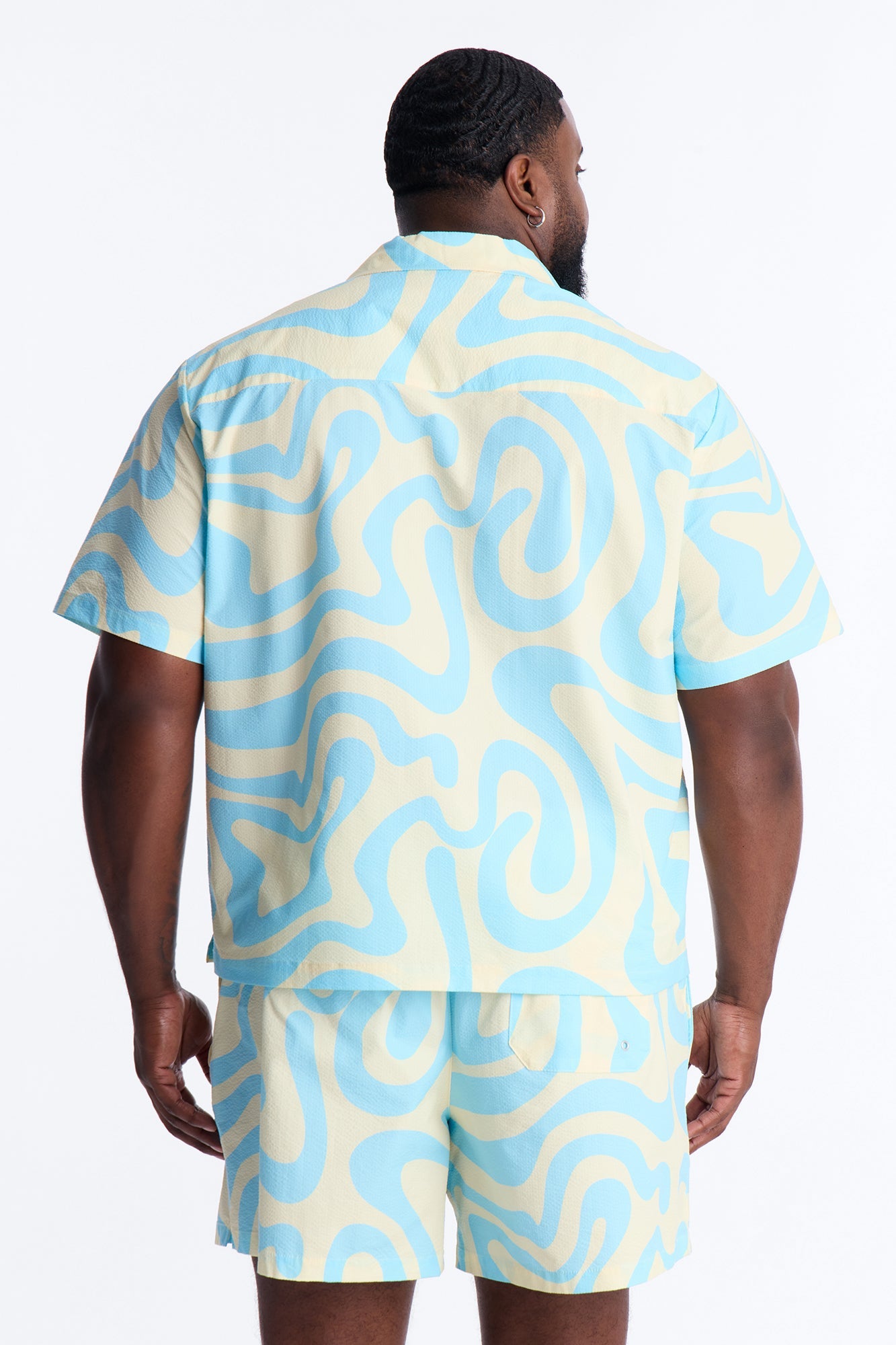 Relaxed Groovy Abstract Printed Seersucker Cuban Collar Button Up Shirt - Blue Fashion Nova