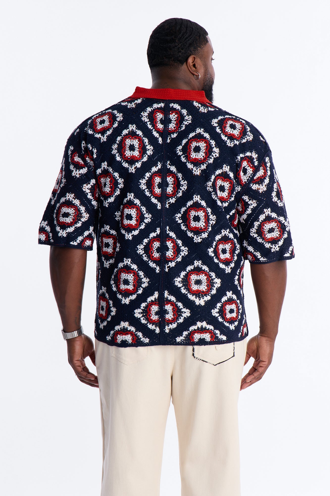 Kaleido Bloom Crochet Button Up Shirt - Navy Fashion Nova
