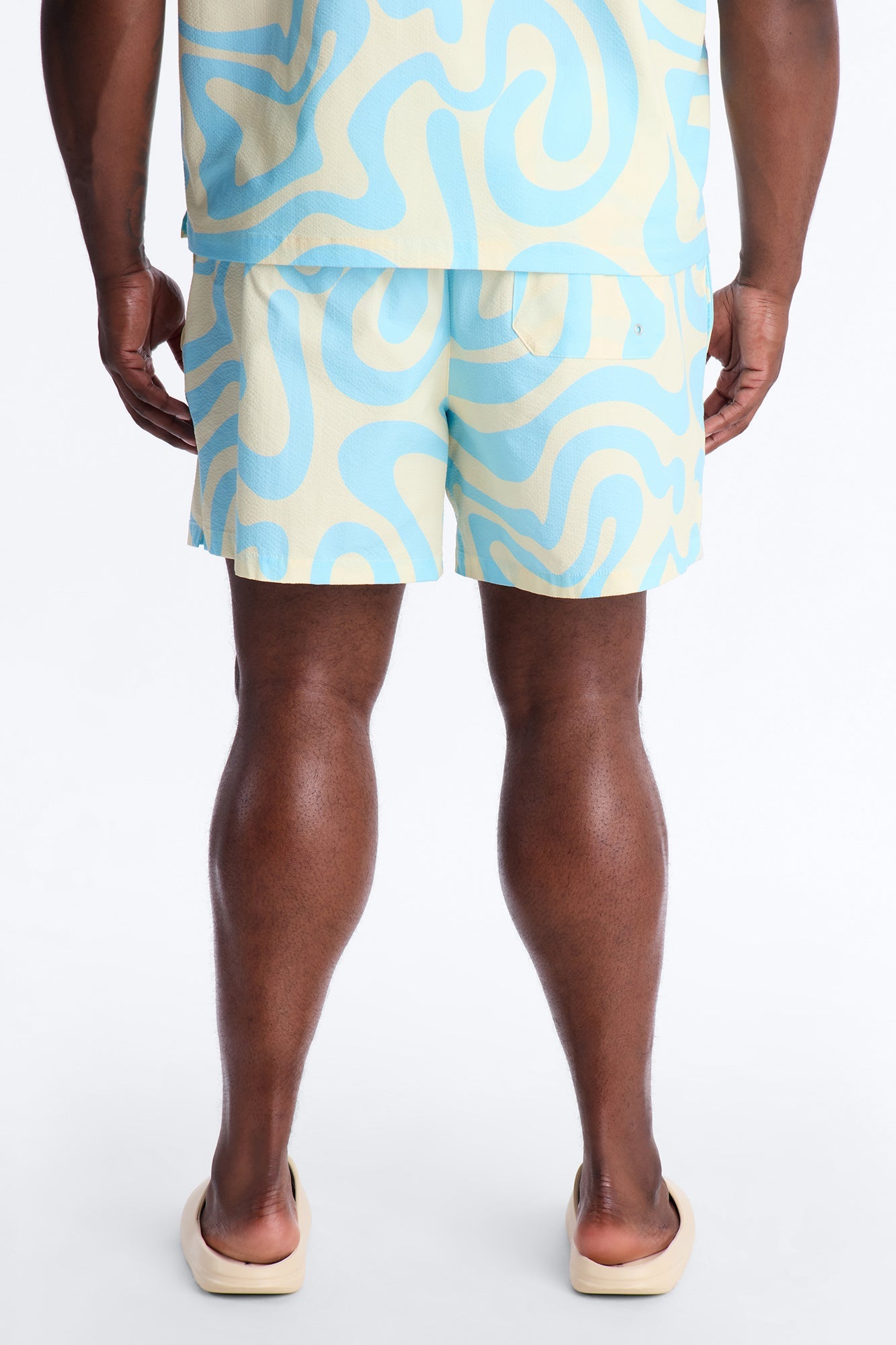 Groovy Abstract Printed Seersucker Swim Trunk 6″ - Blue Fashion Nova