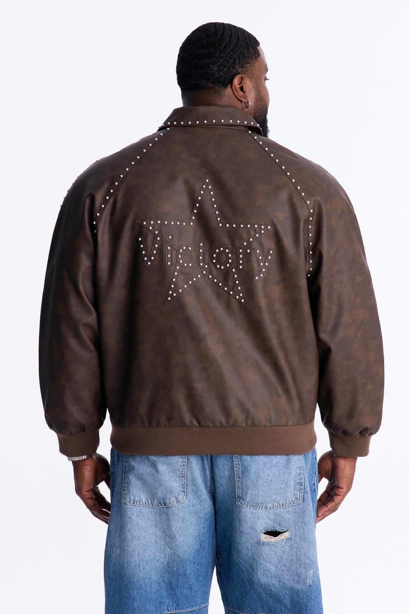 Fearless Victory Faux Leather Studded Bomber Jacket - Brown Fashion Nova