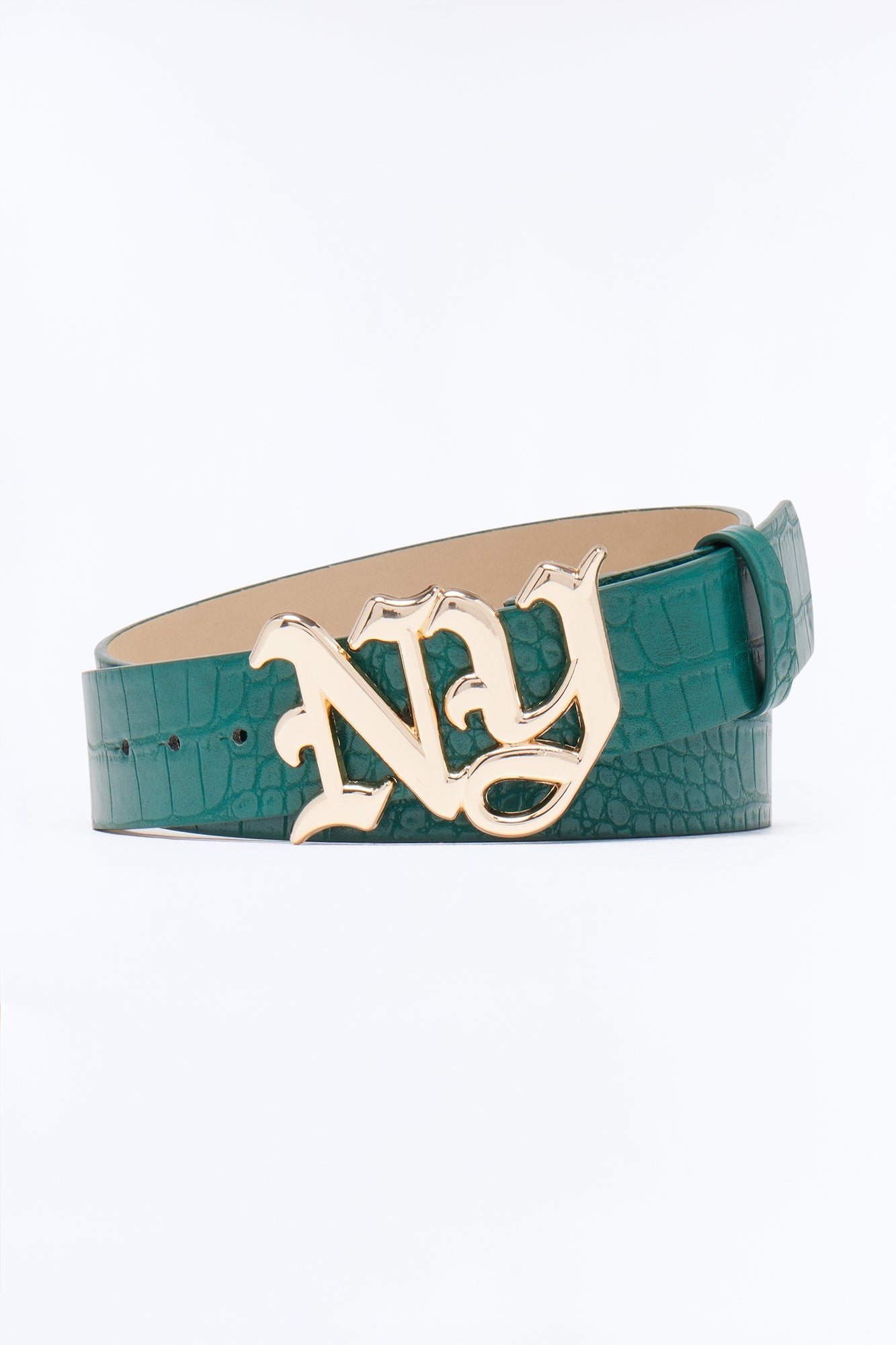 NY Initial Buckle Crocodile Embossed Faux Leather Belt - Green/combo Fashion Nova