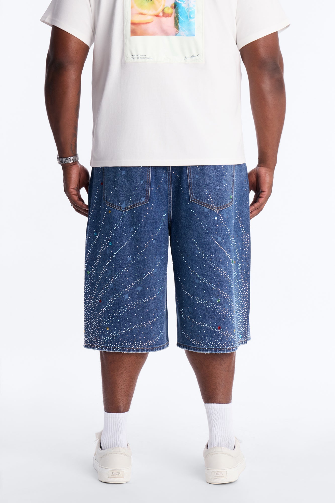 Baggy Cascade Jeweled Denim Shorts - Dark Wash Fashion Nova
