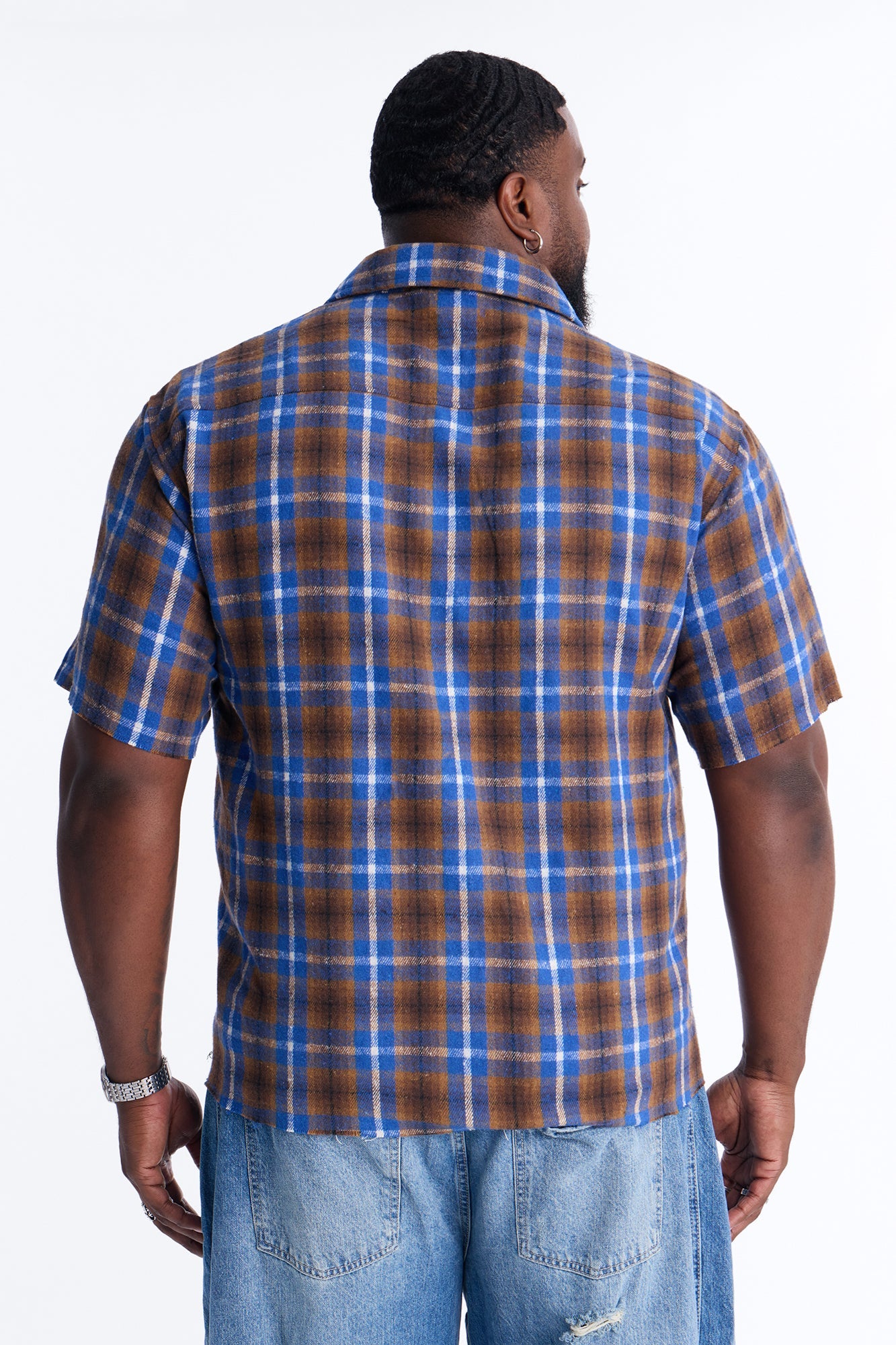 Jeweled Plaid Raw Hem Button Up Shirt - Blue Fashion Nova