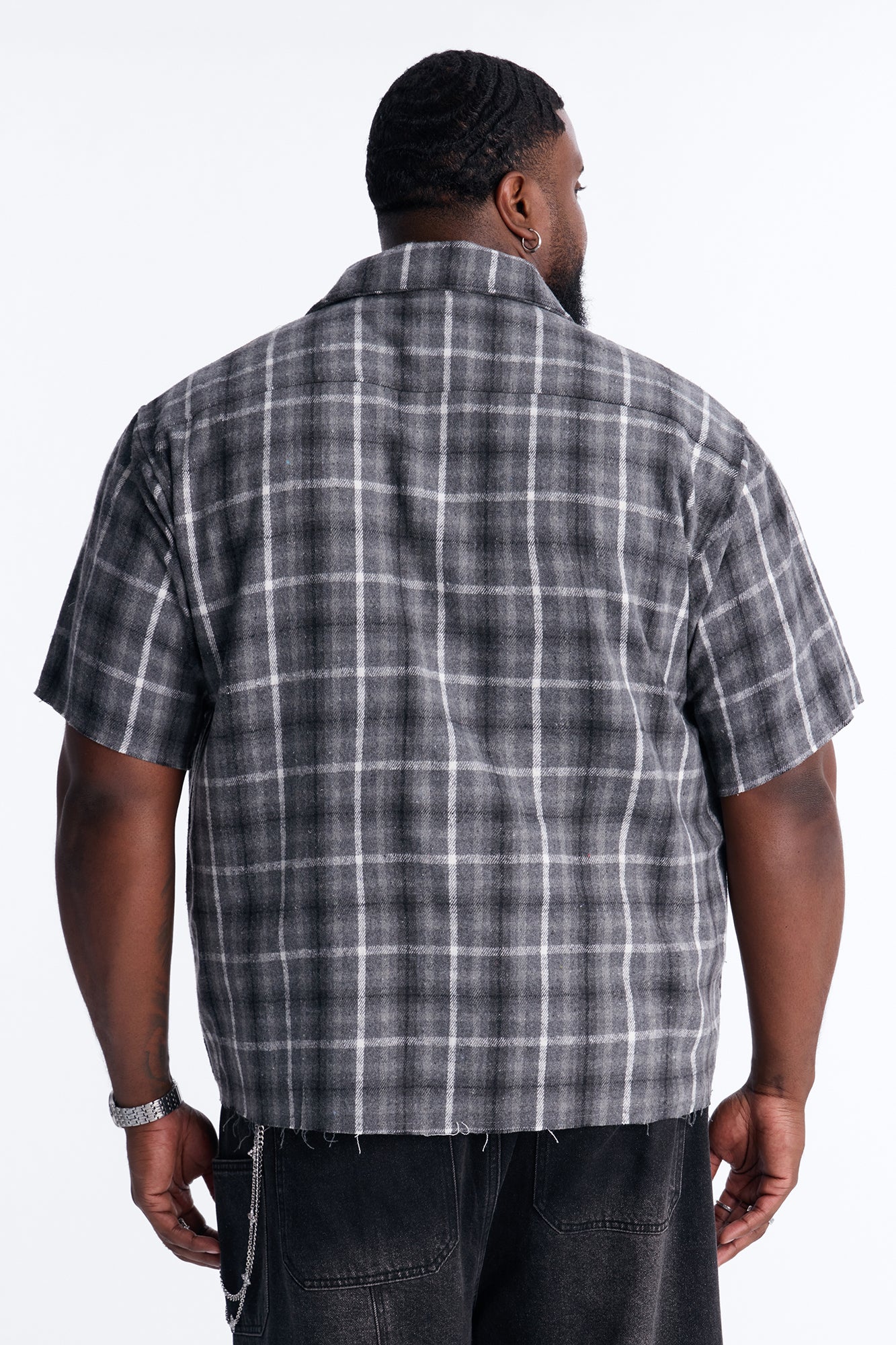 Jeweled Plaid Raw Hem Button Up Shirt - Black Fashion Nova
