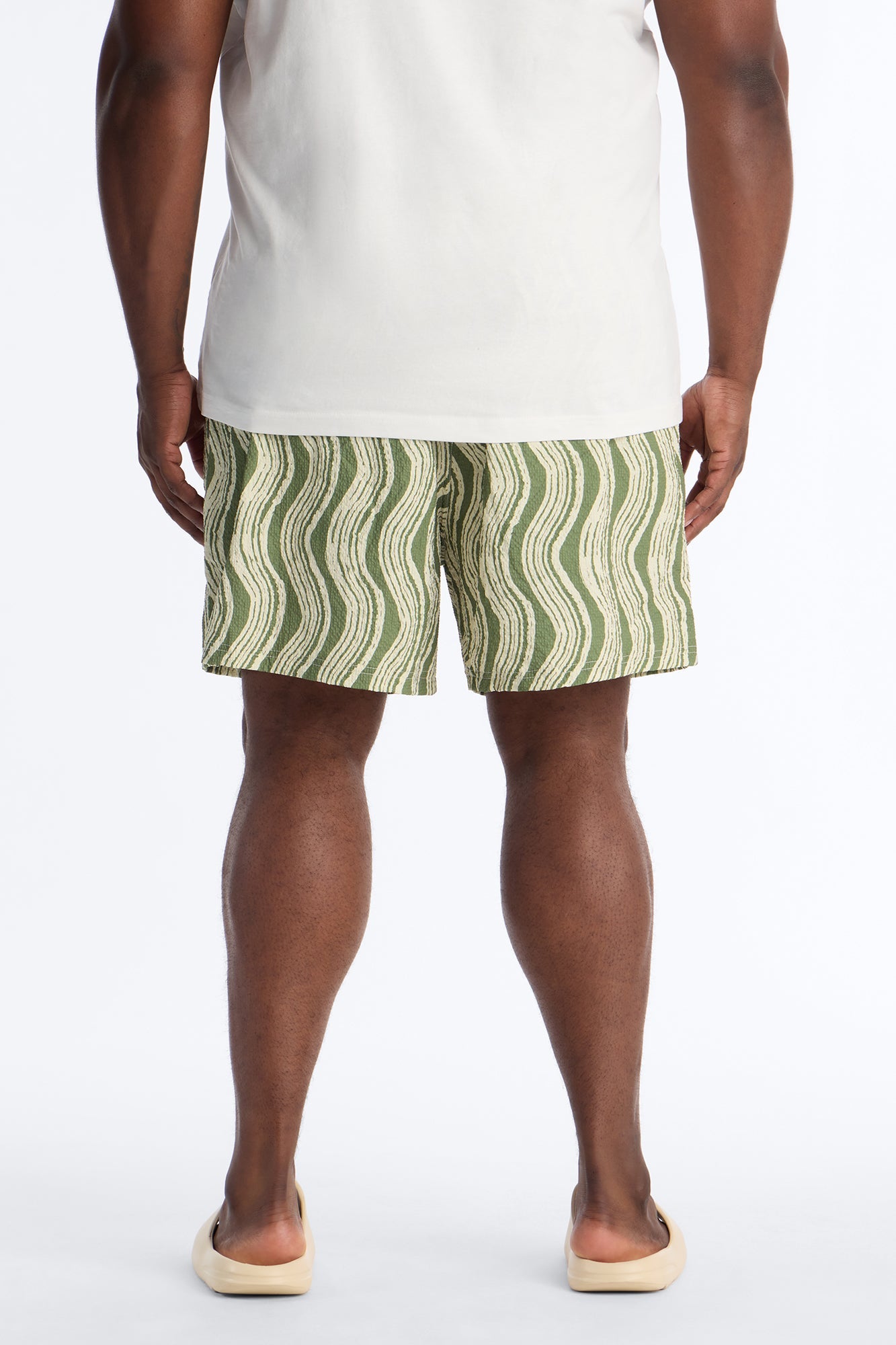 Wave Printed Seersucker Swim Trunk 6″ - Olive Fashion Nova