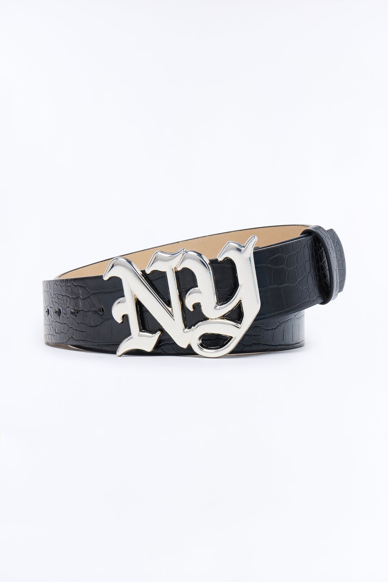 NY Initial Buckle Crocodile Embossed Faux Leather Belt - Black/combo Fashion Nova
