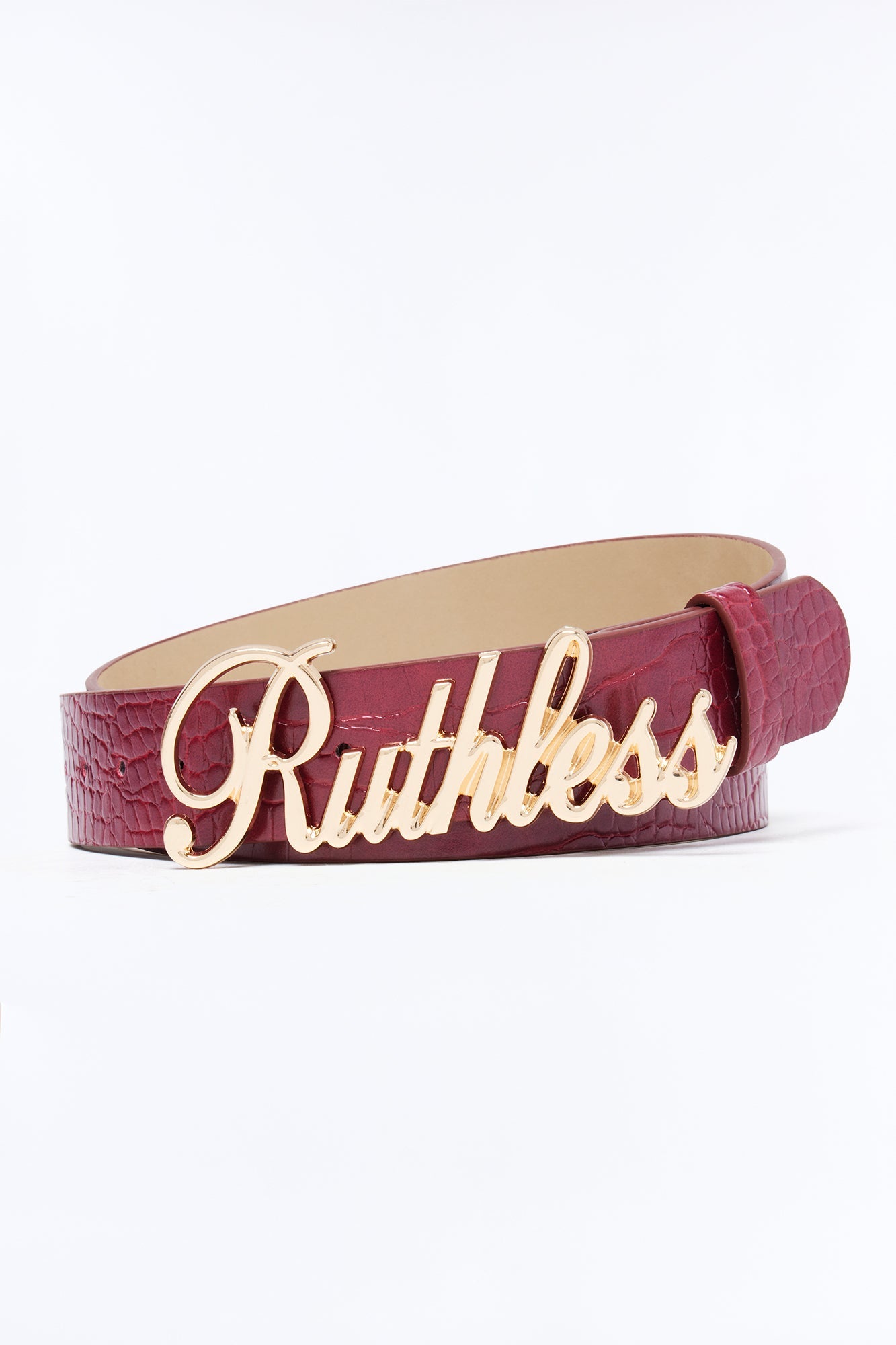 Ruthless Embossed Script Buckle Belt - Gold/Red Fashion Nova