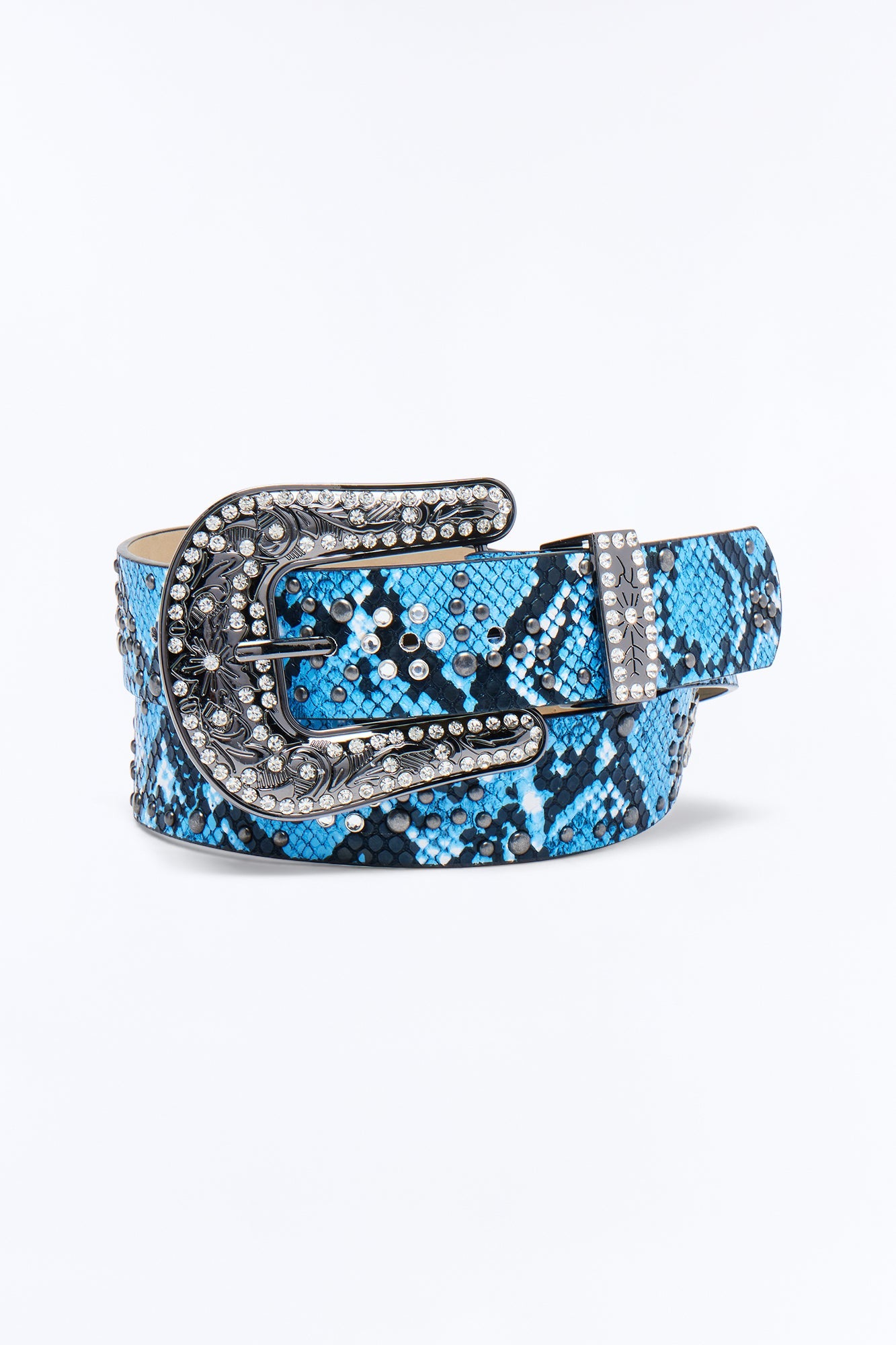 Rhinestone Embellished Snake Western Buckle Belt - Blue Fashion Nova