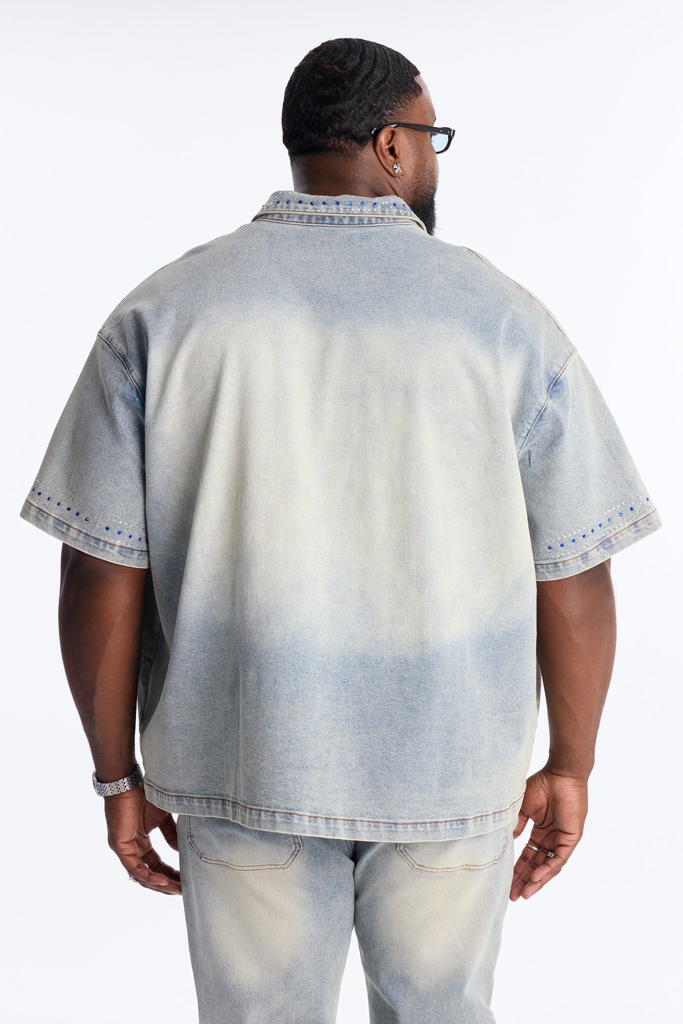 Rhinestone Bandana Boxy Denim Button Up Shirt - Light Blue Wash Fashion Nova