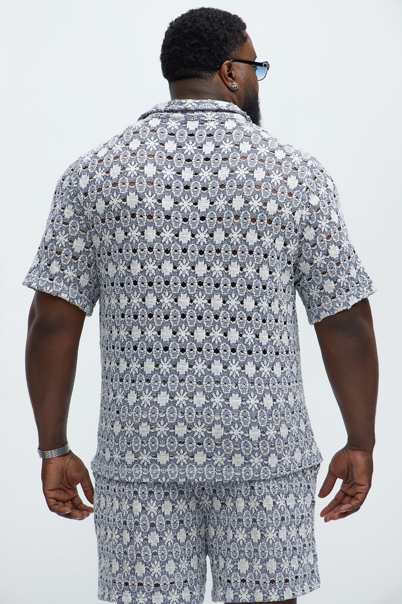 Patterned Open Knit Button Down Shirt - Blue/combo Fashion Nova