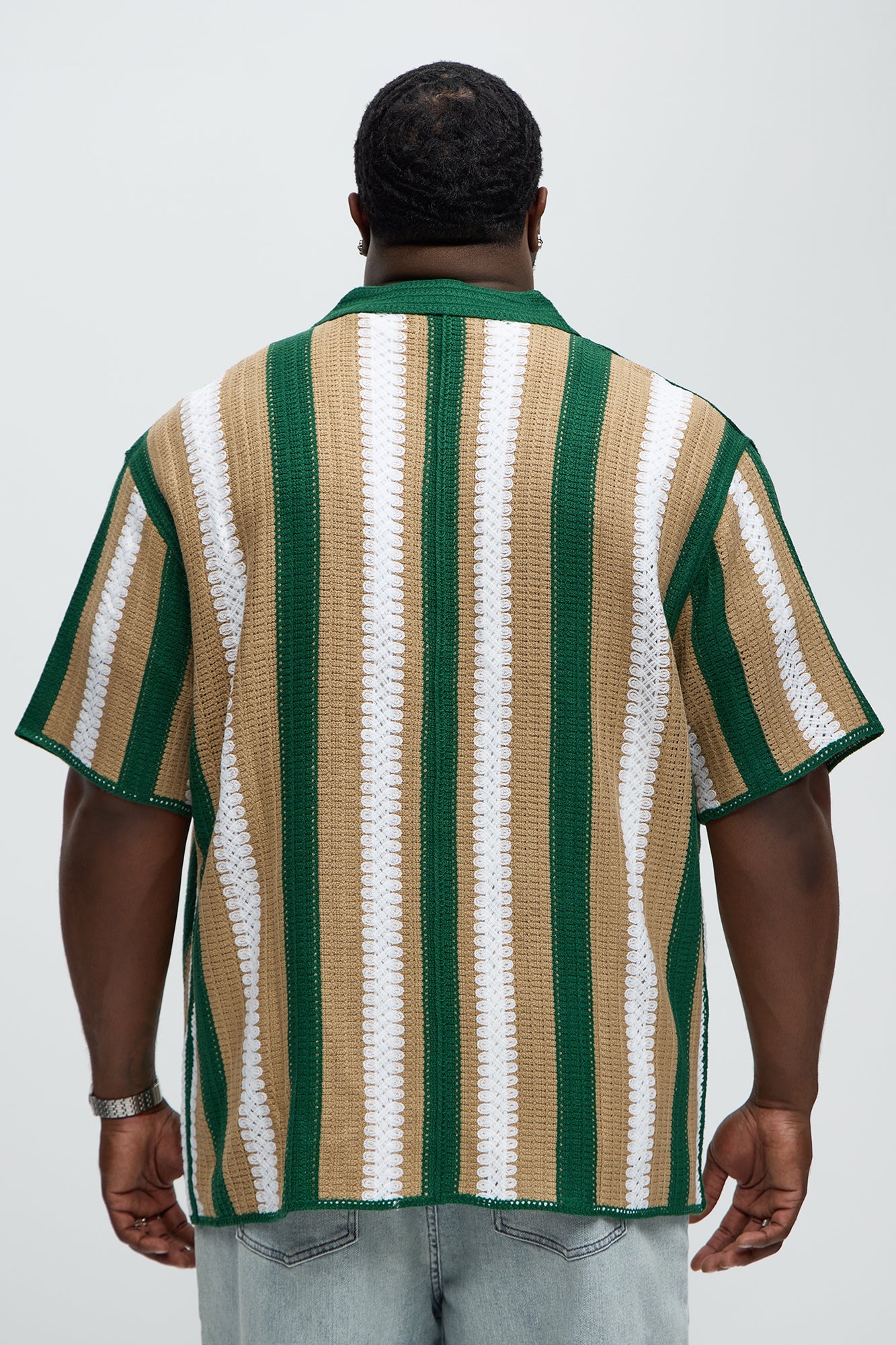 Brock Striped Crochet Collar Button Down Shirt - Green/combo Fashion Nova