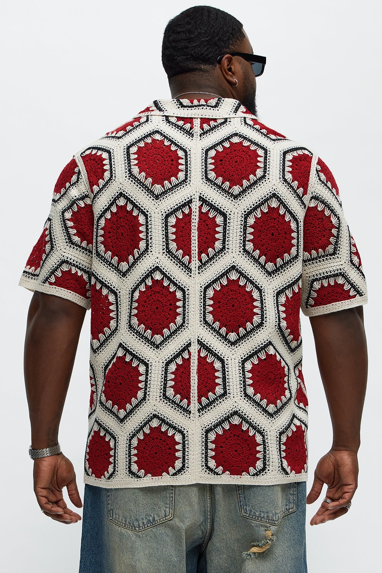 Vacay Vibes Crochet Button Up Shirt - Red/combo Fashion Nova