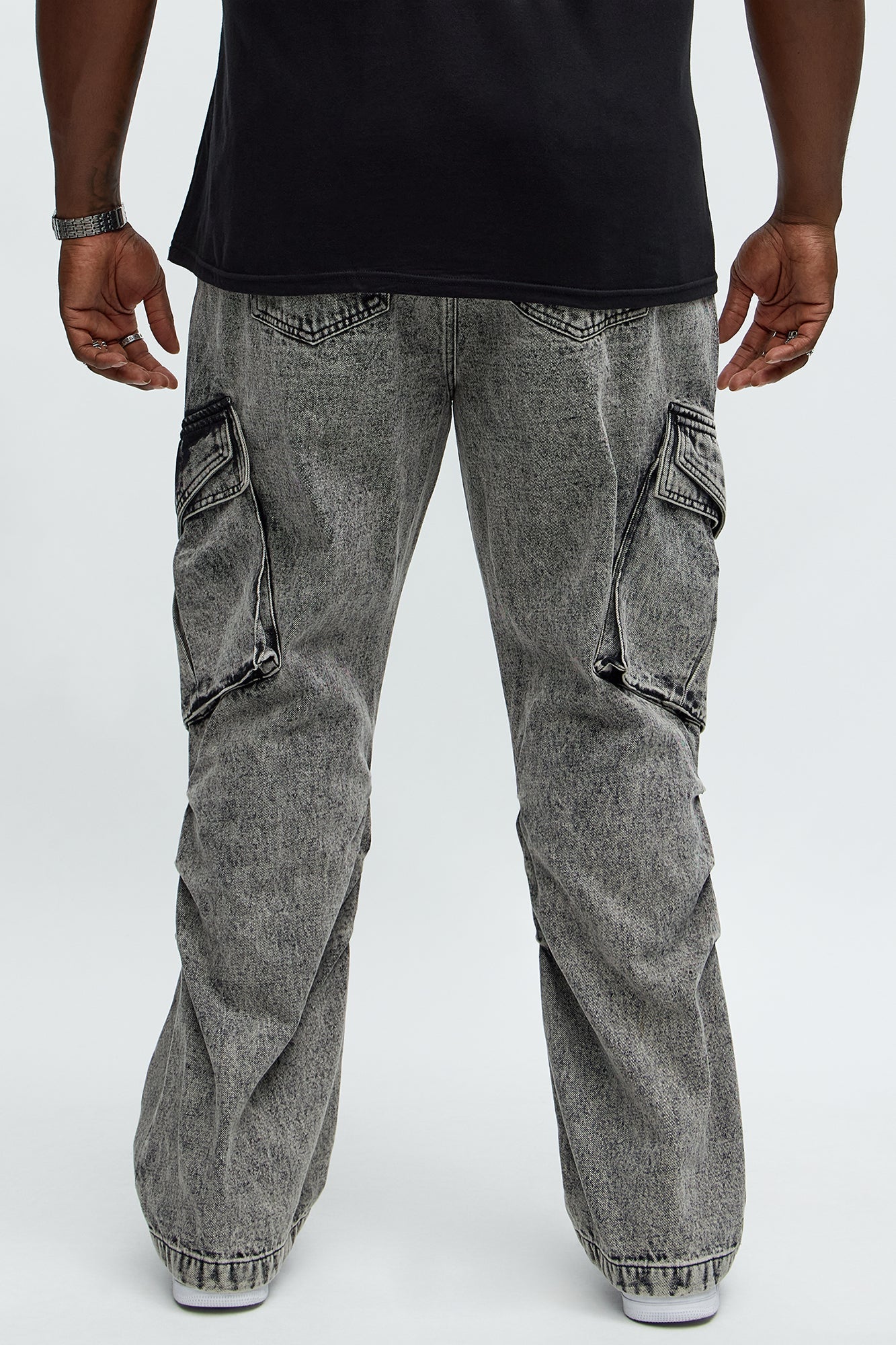 Stacked Slim Flare Street Edge Cargo Jeans - Black Wash Fashion Nova
