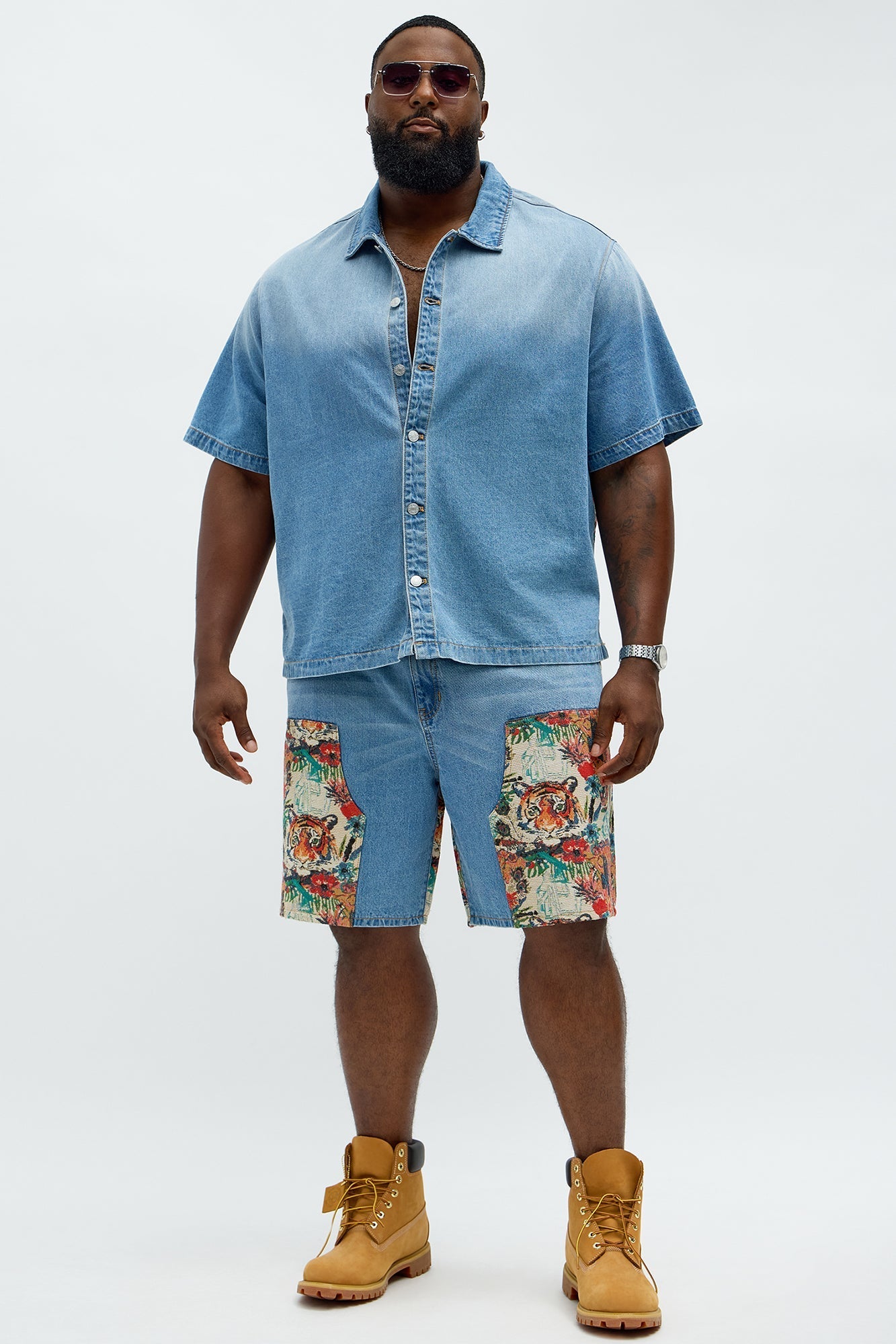 Relaxed Ansel Tapestry Denim Short Sleeve Shirt - Blue/combo Fashion Nova