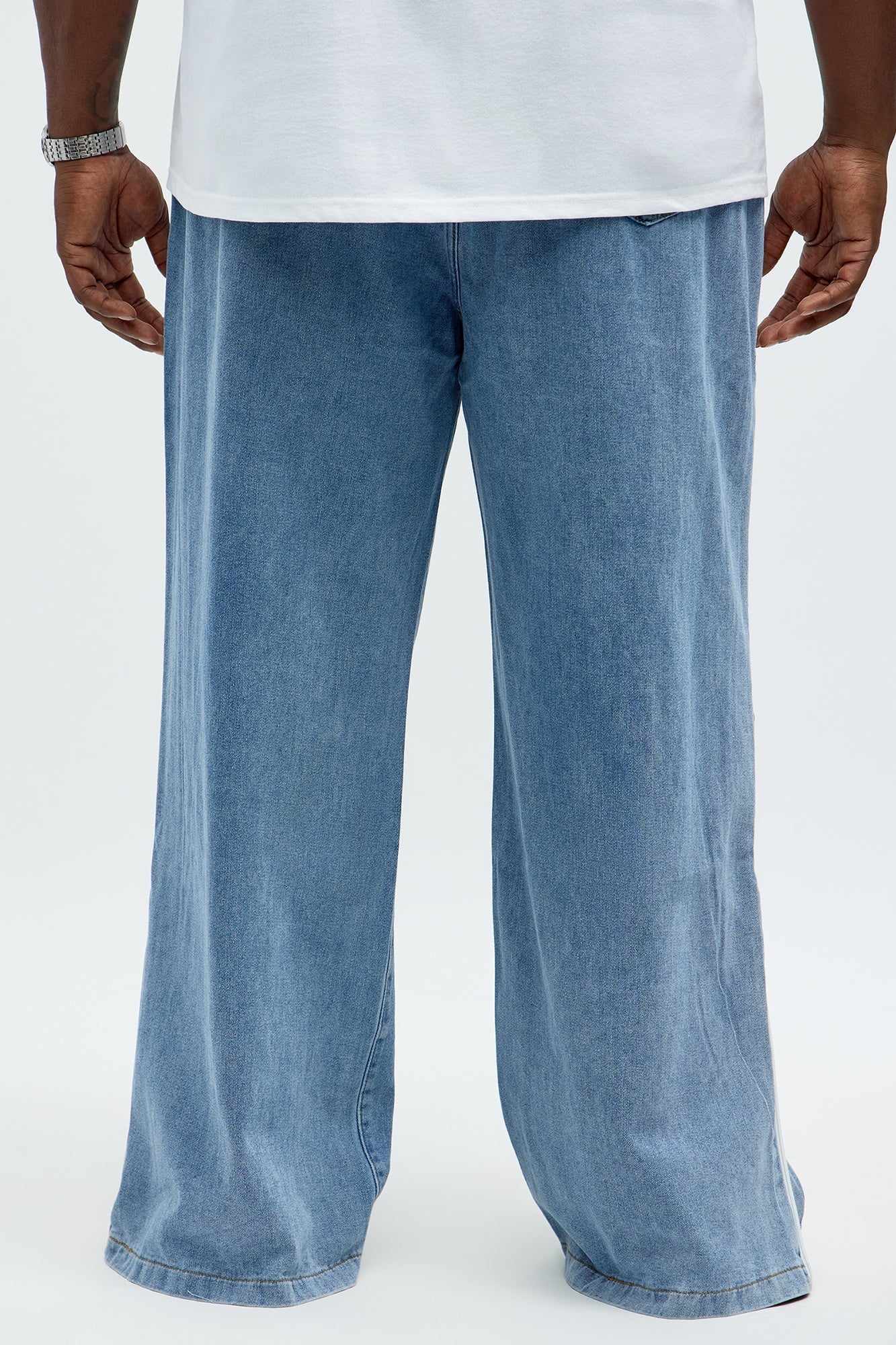 Baggy Side Stripe Zip Hit Jeans - Medium Blue Wash Fashion Nova