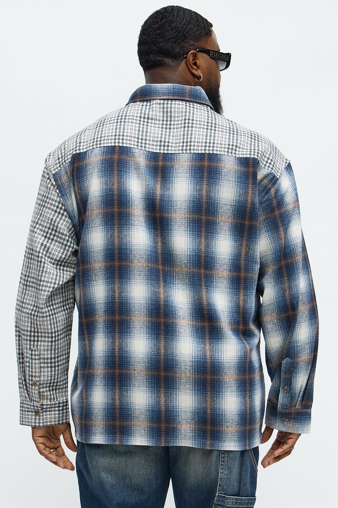Patchwork Flannel Button Up Shirt - Blue/combo Fashion Nova