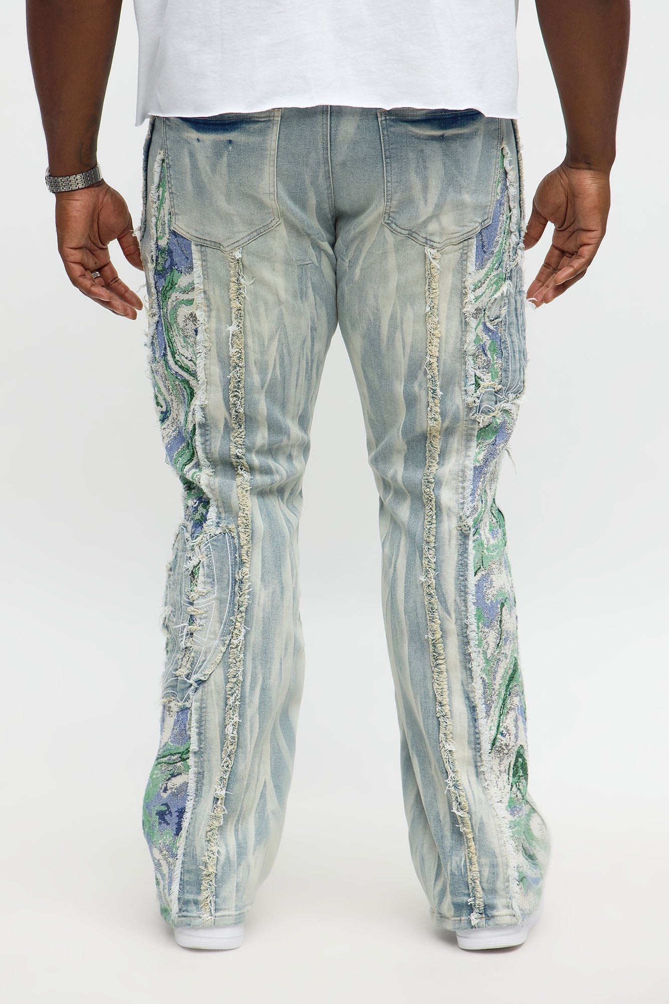 Stacked Skinny Flare Gray With Tapestry Sides Jean - Light Blue Wash Fashion Nova