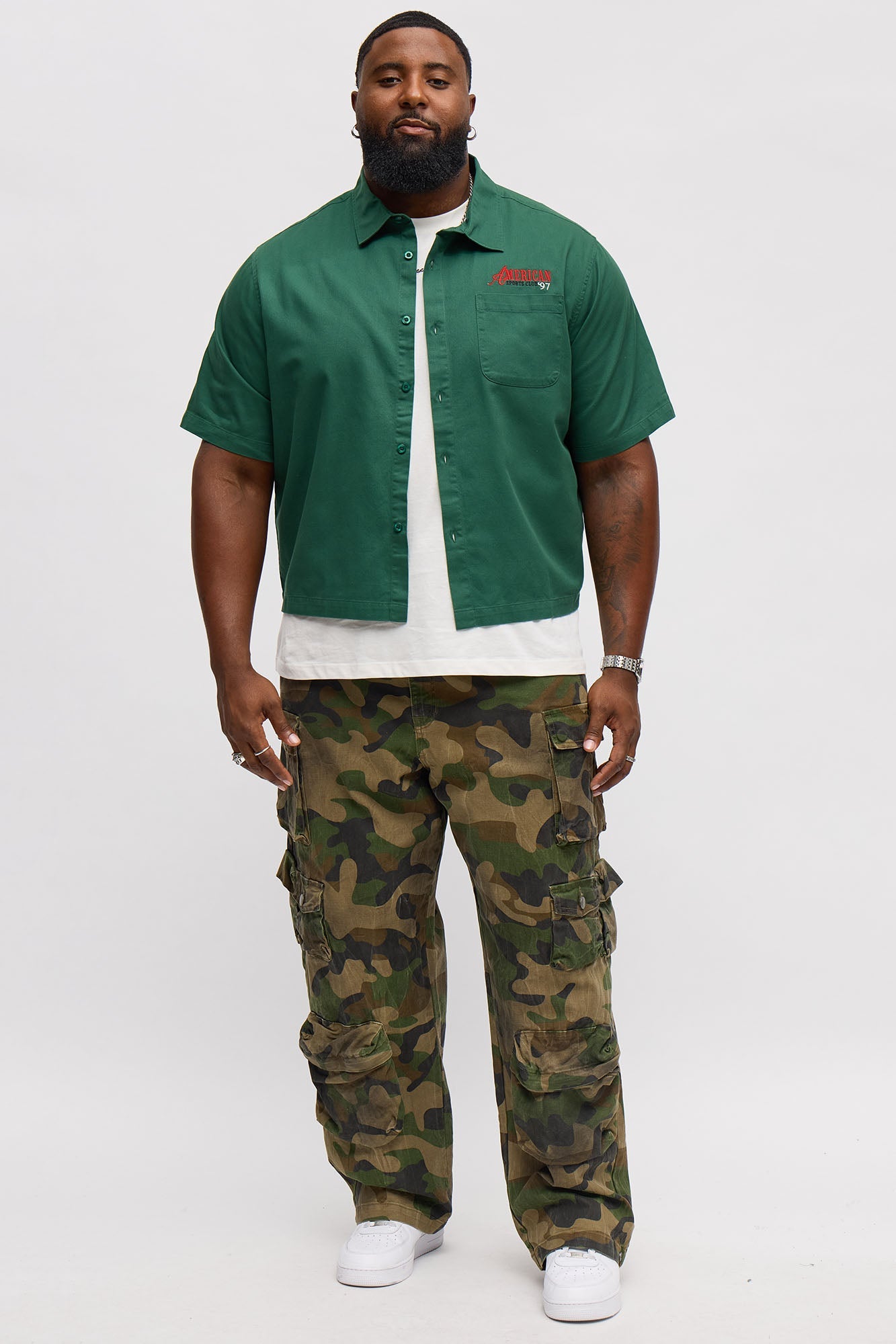 Cropped American Sports Club Mechanic Button Up Shirt - Green Fashion Nova