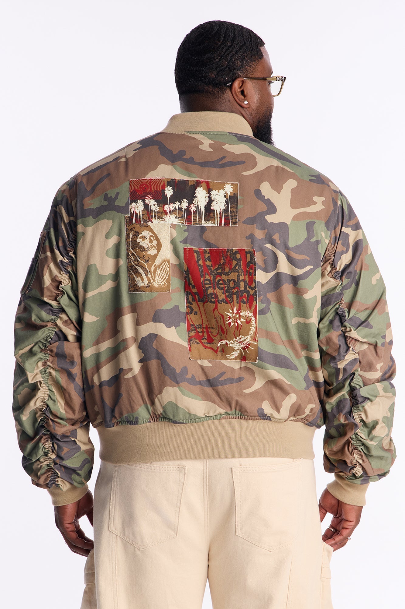 Oversized Padded Distressed Patched Bomber Jacket - Camouflage Fashion Nova