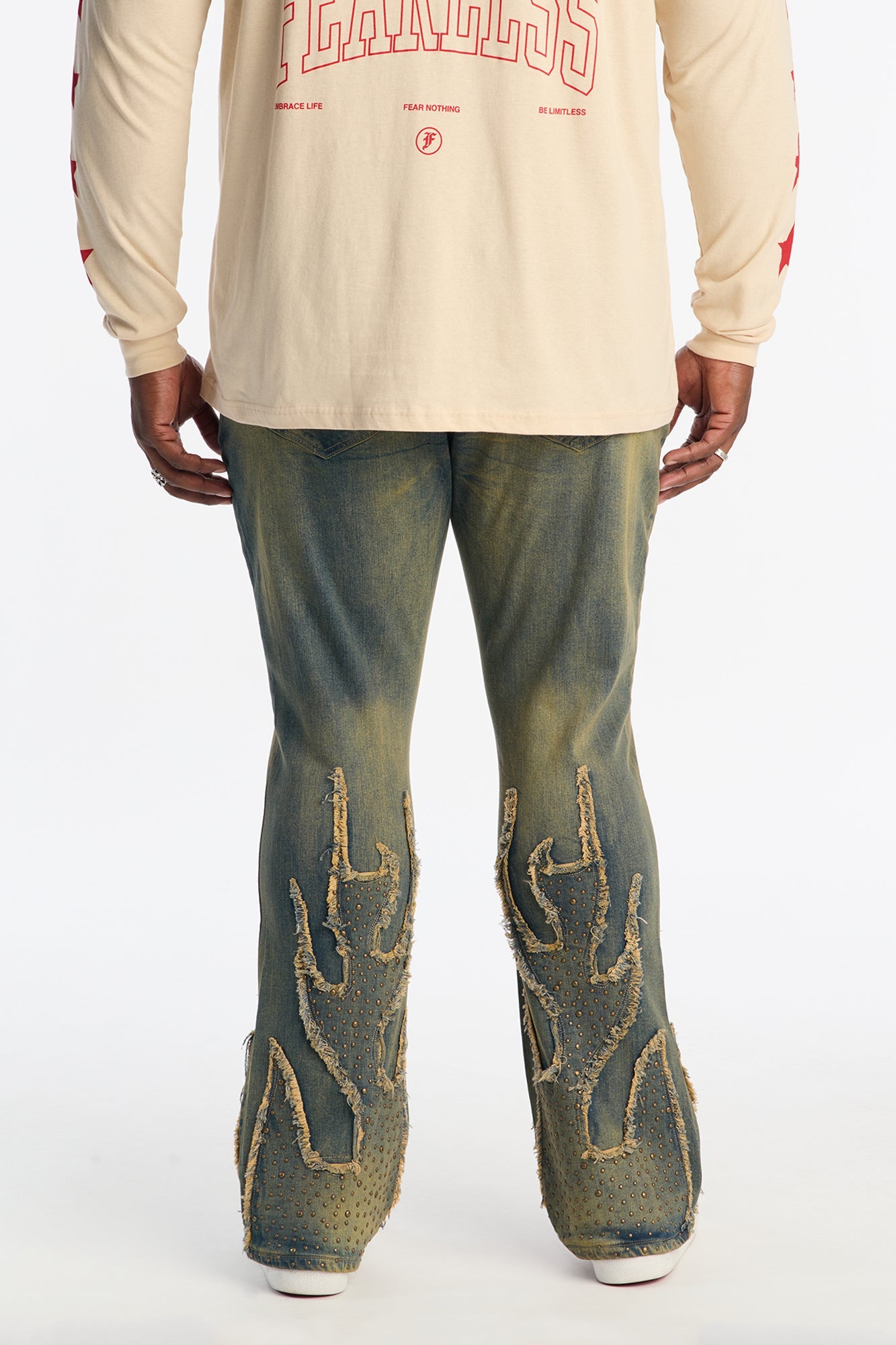 Stacked Skinny Flare Jeweled In Flames Jeans - Vintage Wash Fashion Nova