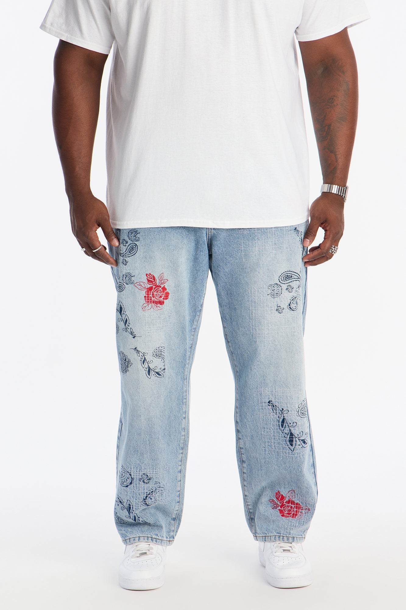 Straight Roses With Stitches Embroidered Jean - Light Blue Wash Fashion Nova