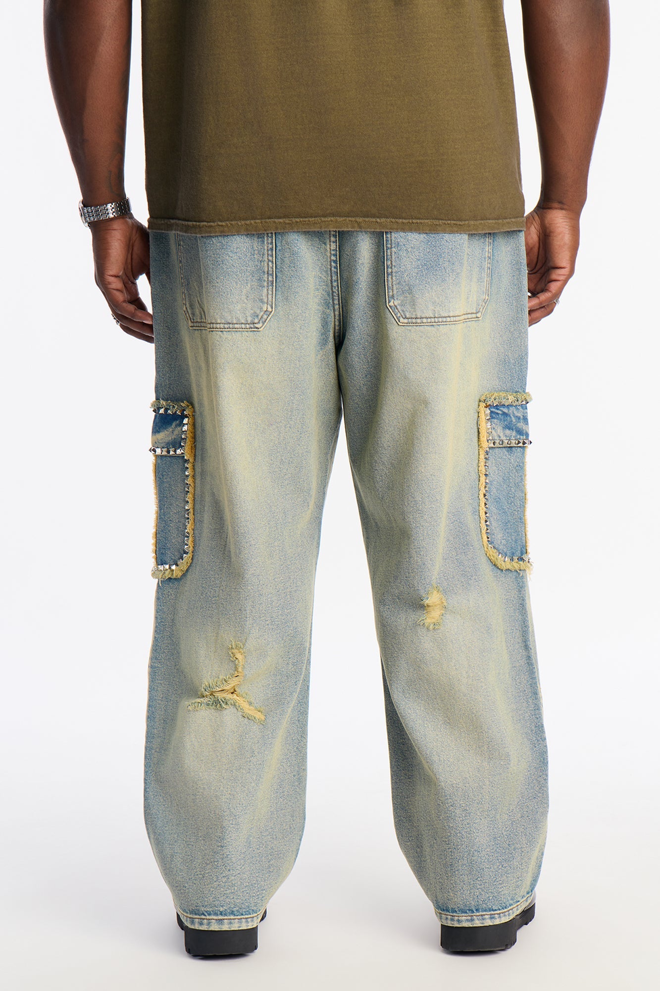 Baggy Studded Way Cargo Jean - Vintage Wash Fashion Nova