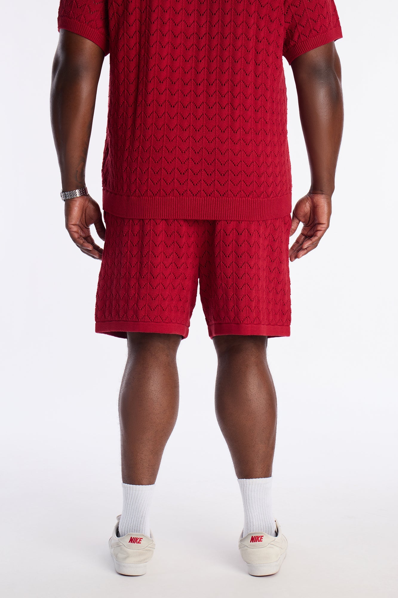 Waterfall Texture Open Knit Shorts - Burgundy Fashion Nova