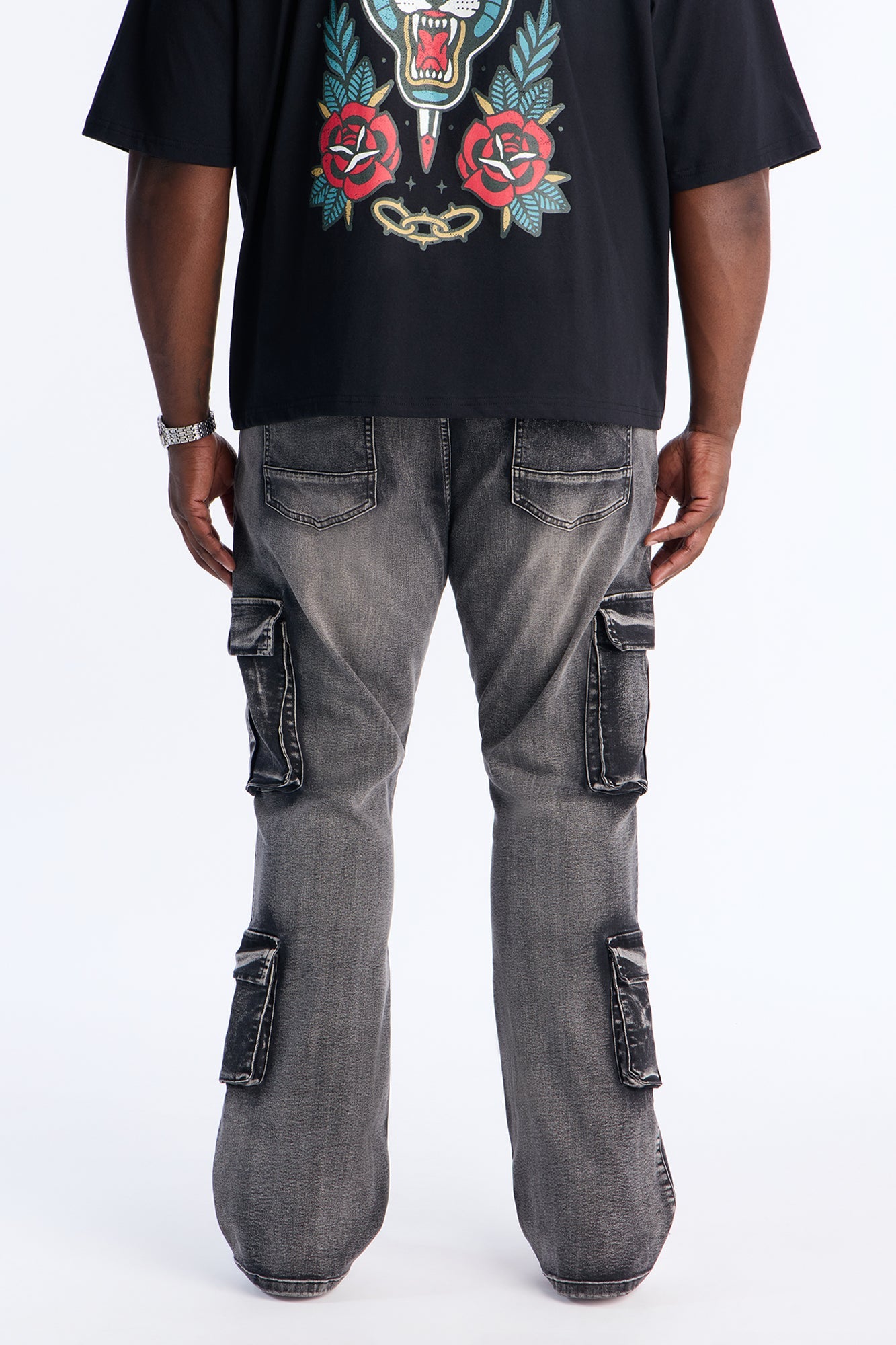 Stacked Skinny Flare Combat Cargo Jean - Black Wash Fashion Nova