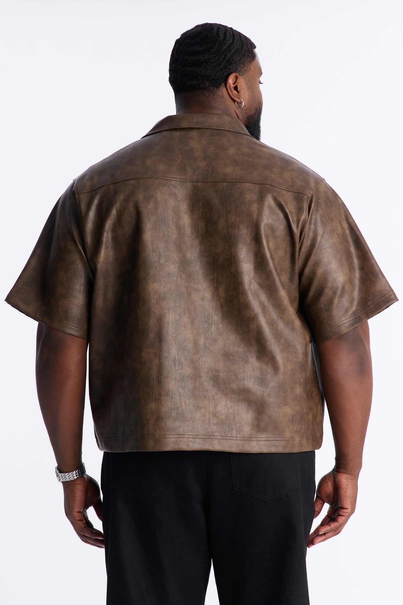 2 Stud Faux Leather Leather Zip Up Shirt - Brown Fashion Nova