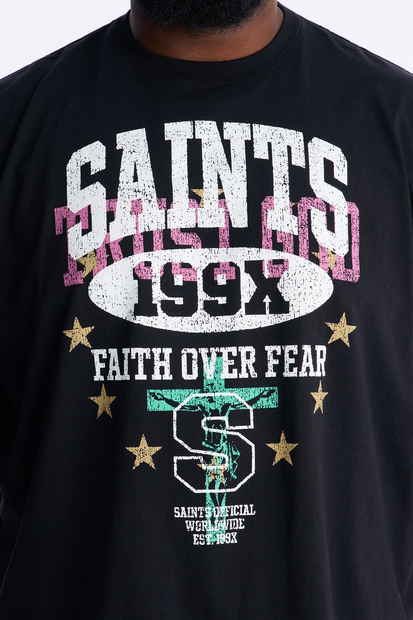 Saints Faith Over Fear Boxy Short Sleeve Tee - Black Fashion Nova