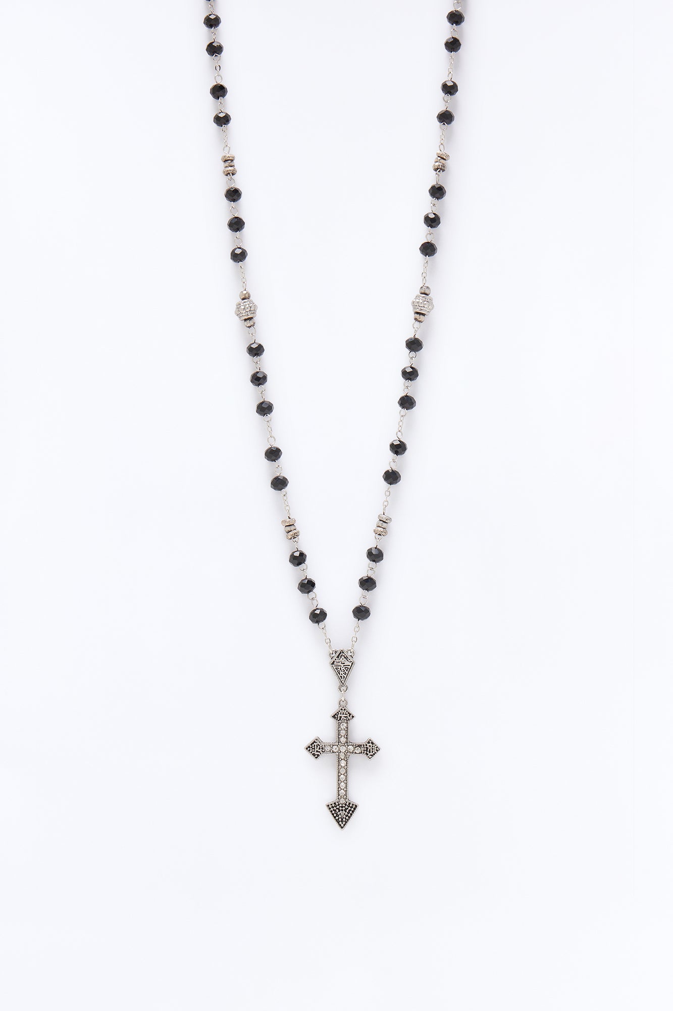 Beaded Rosary Style Cross Necklace - Silver/Black Fashion Nova